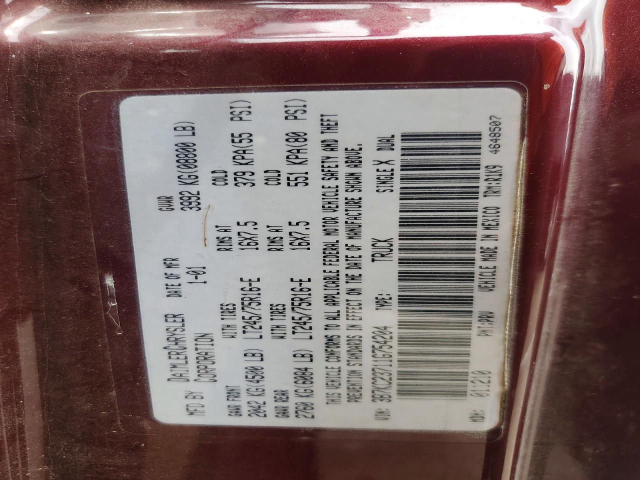 2001 Dodge Ram 2500 Maroon vin: 3B7KC23711G754204