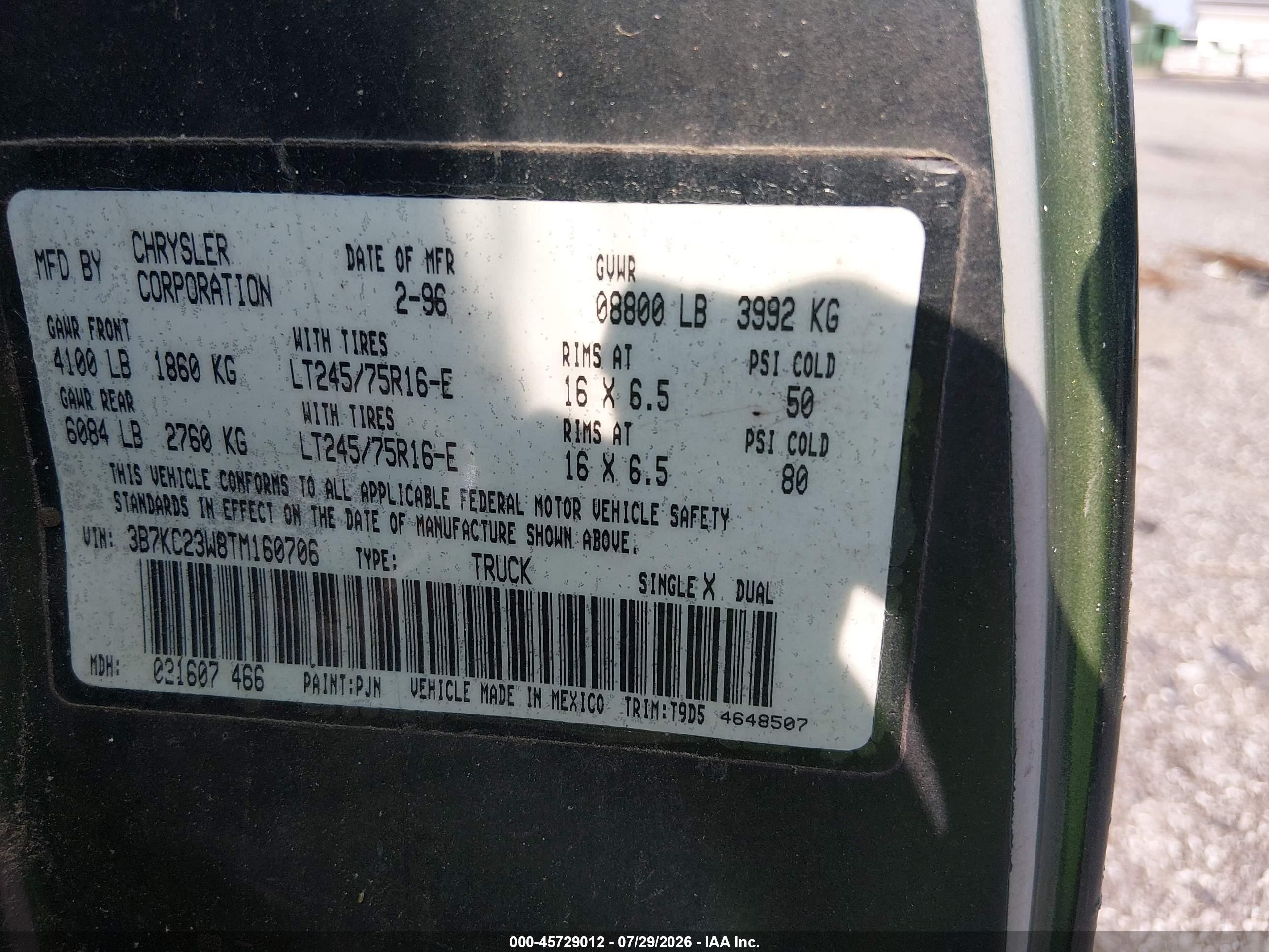 1996 Dodge Ram 2500   Green vin: 3B7KC23W8TM160706