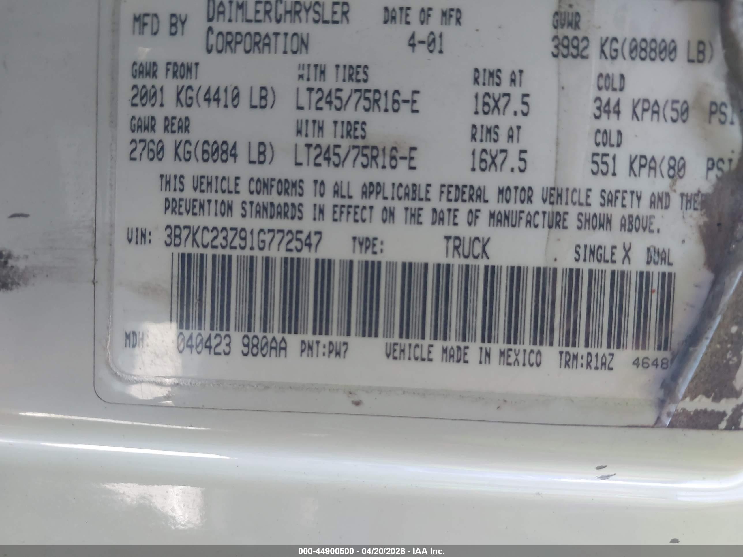 2001 Dodge Ram 2500 St White vin: 3B7KC23Z91G772547