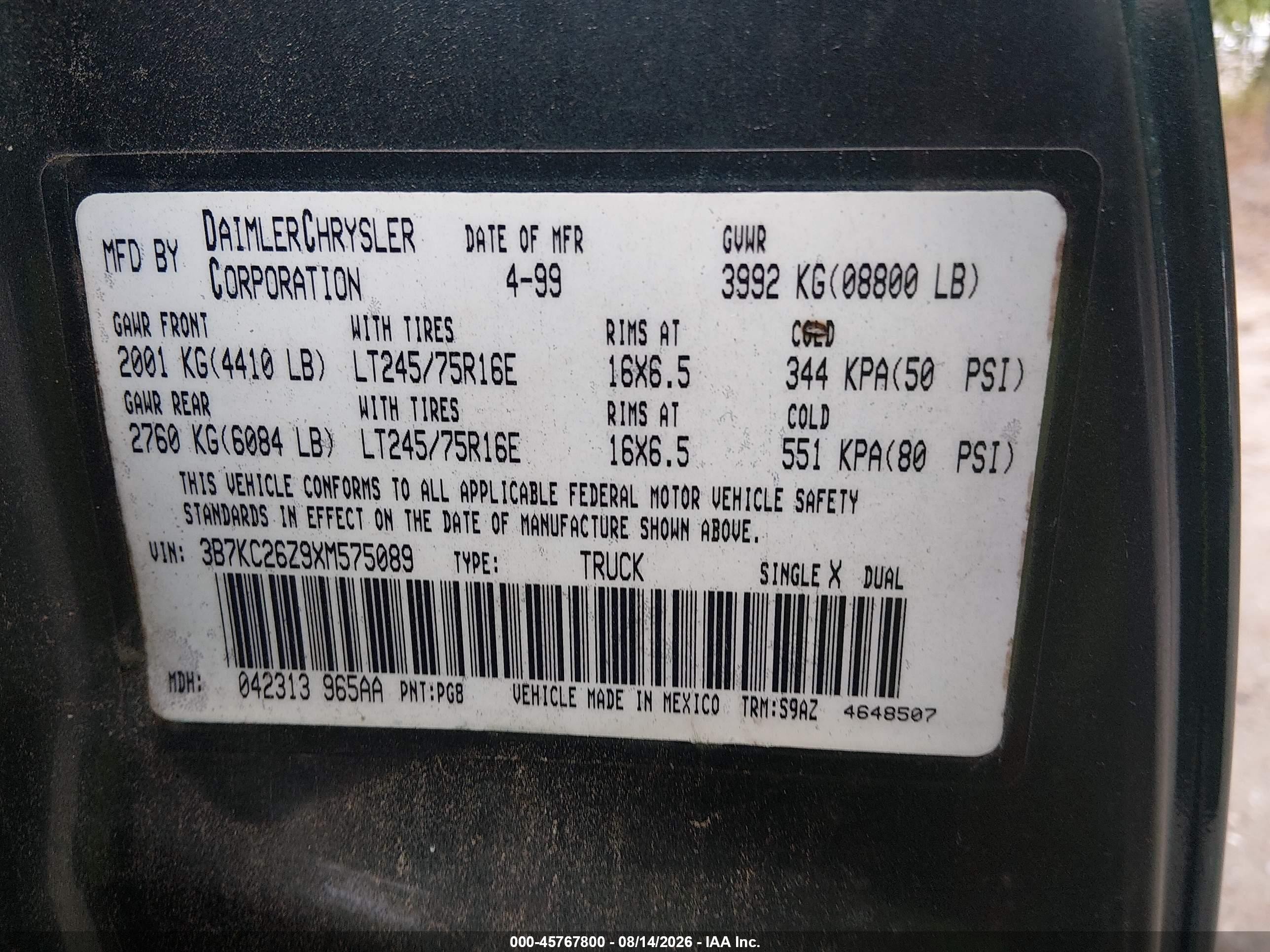 1999 Dodge Ram 2500 St Green vin: 3B7KC26Z9XM575089