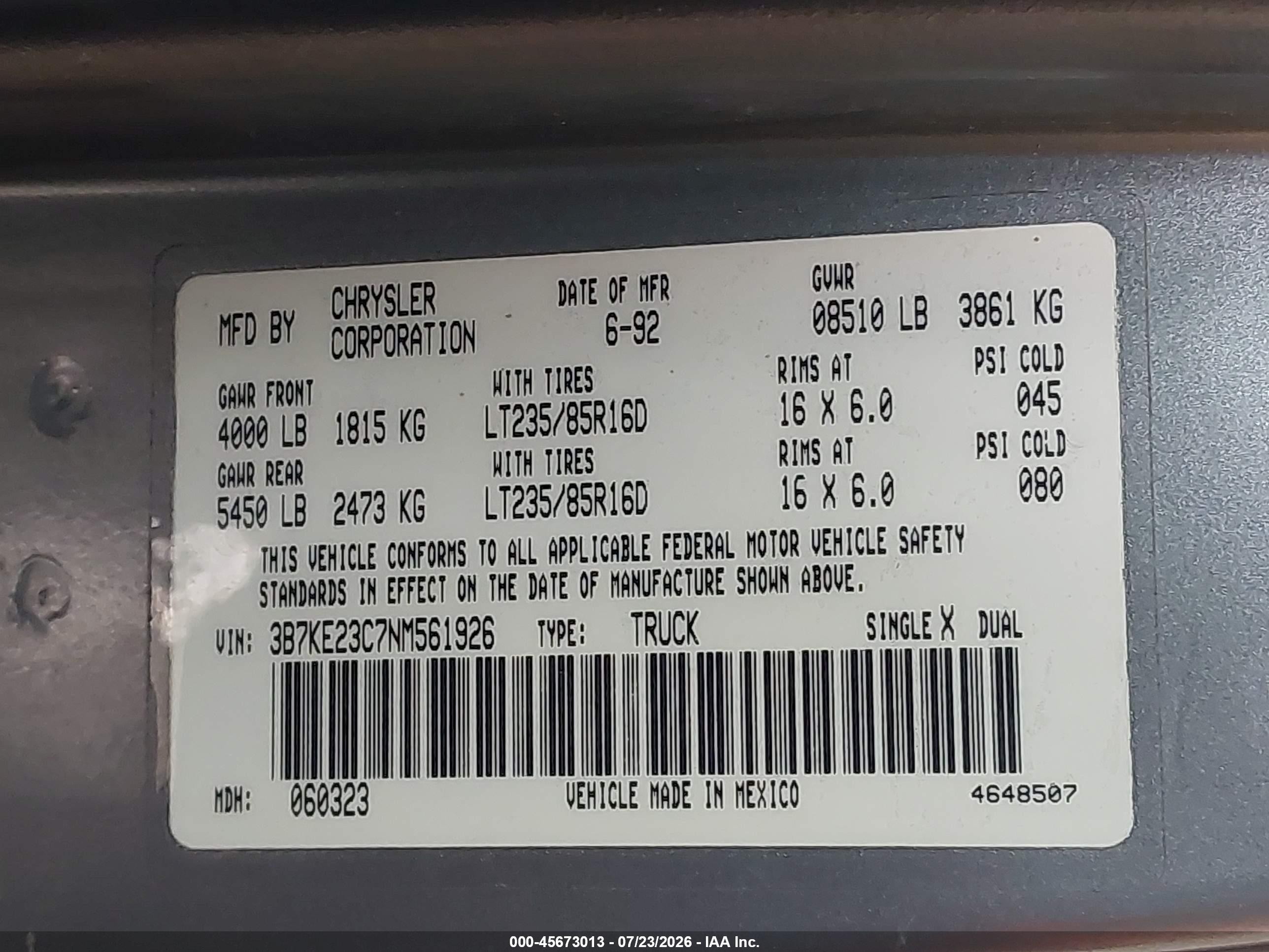 1992 Dodge D-series D200/d250 Silver vin: 3B7KE23C7NM561926