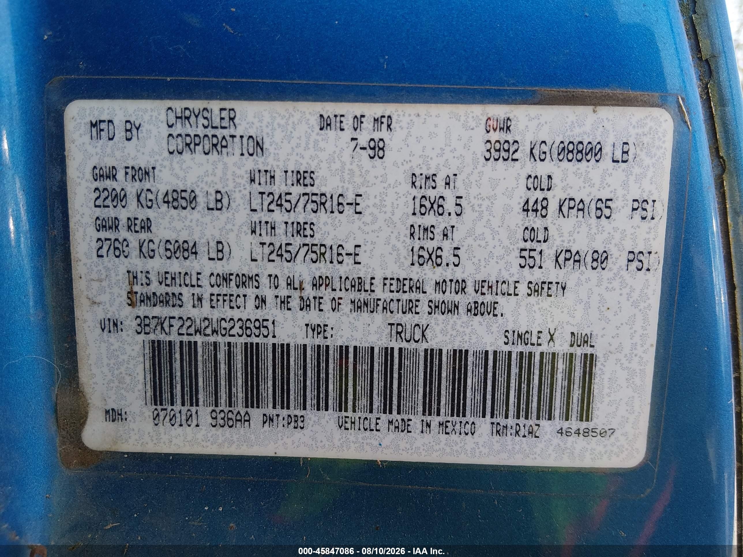 1998 Dodge Ram 2500 St Blue vin: 3B7KF22W2WG236951