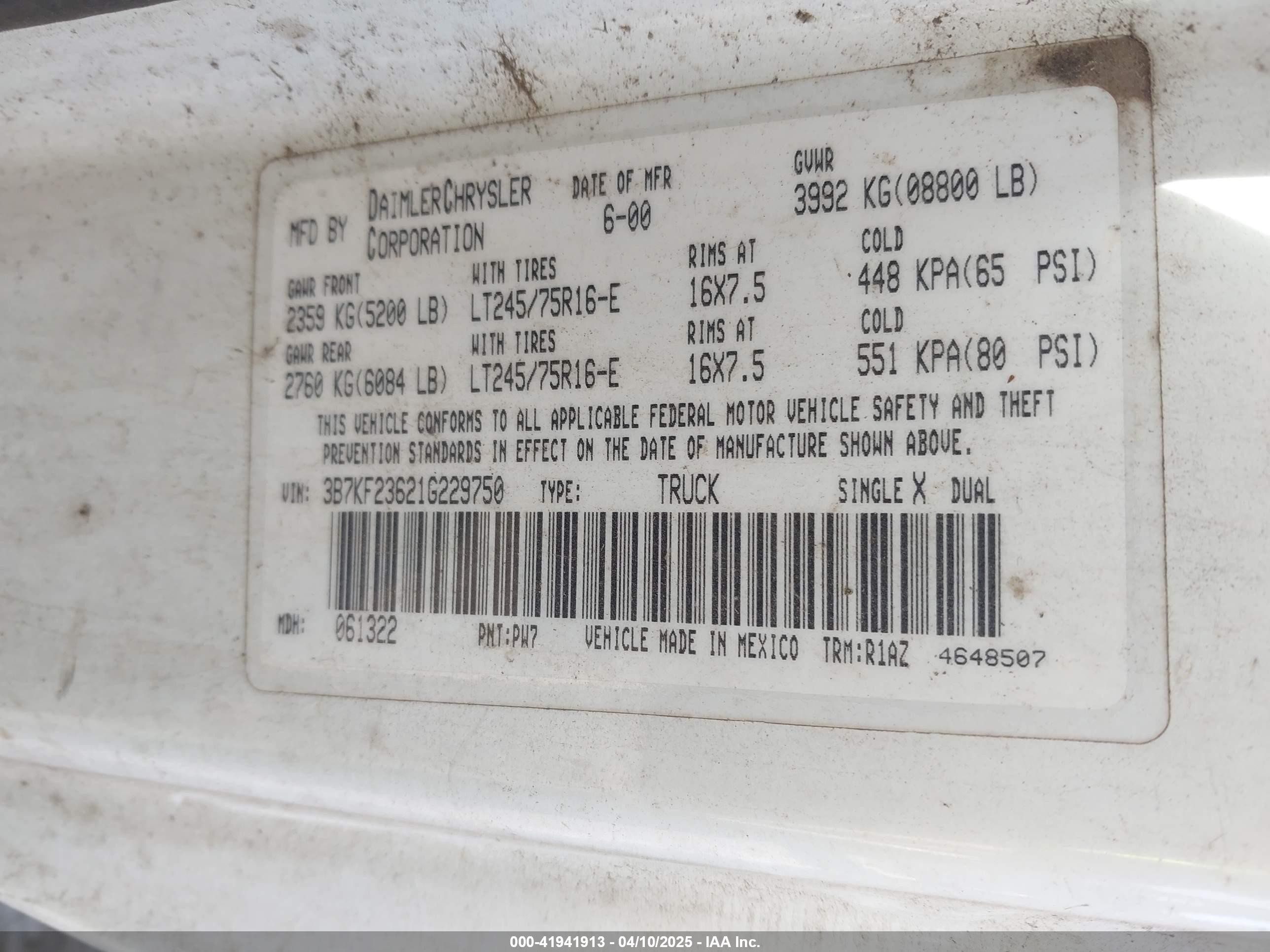 2001 Dodge Ram 2500 St Белый vin: 3B7KF23621G229750
