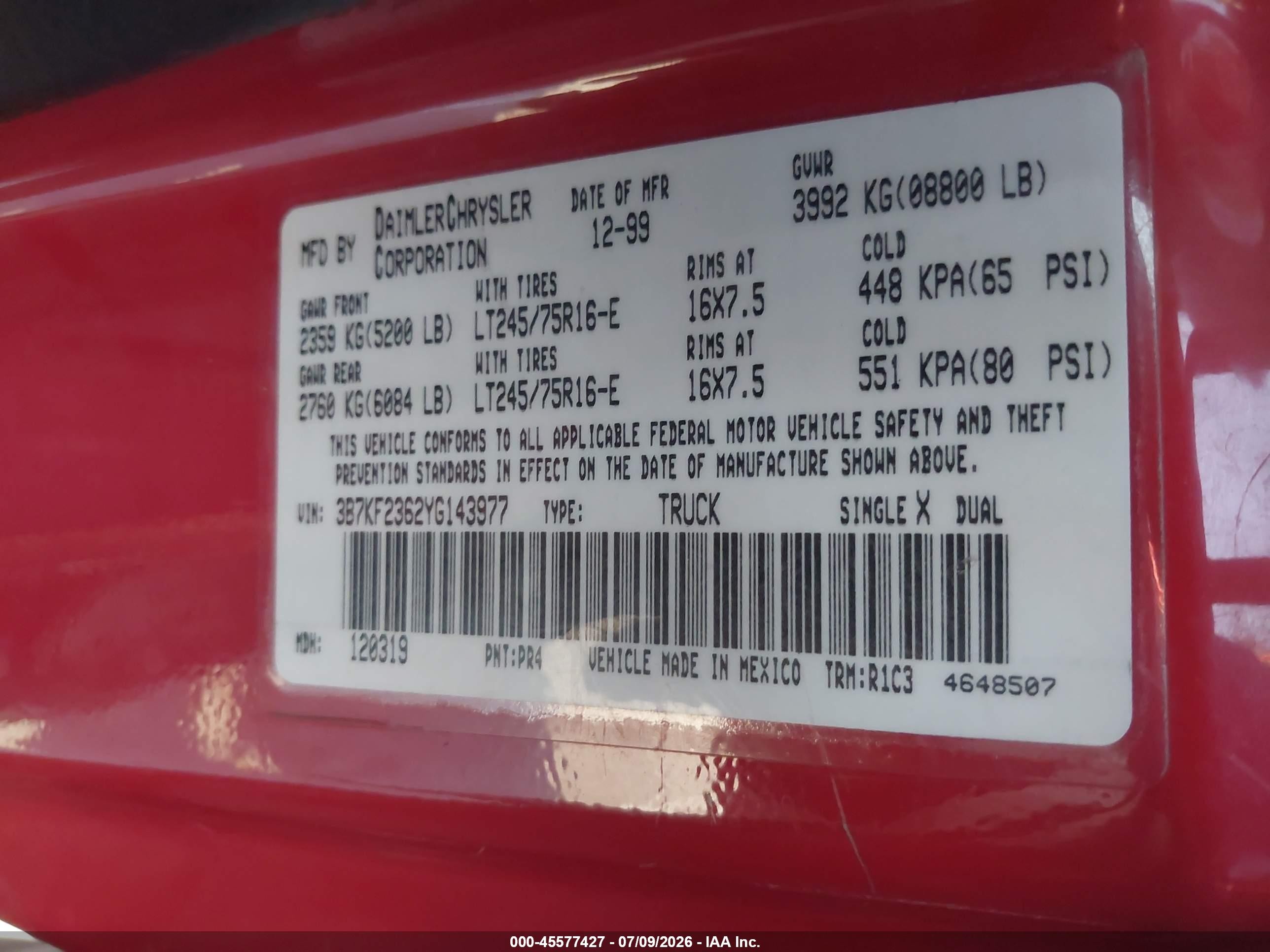 2000 Dodge Ram 2500 St Red vin: 3B7KF2362YG143977