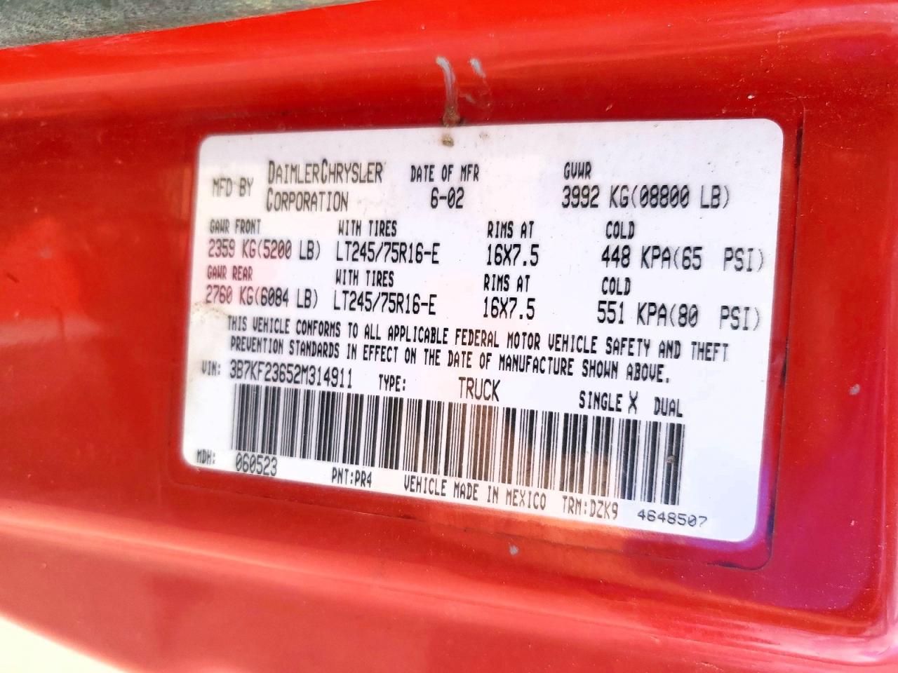 2002 Dodge Ram 2500 Красный vin: 3B7KF23652M314911