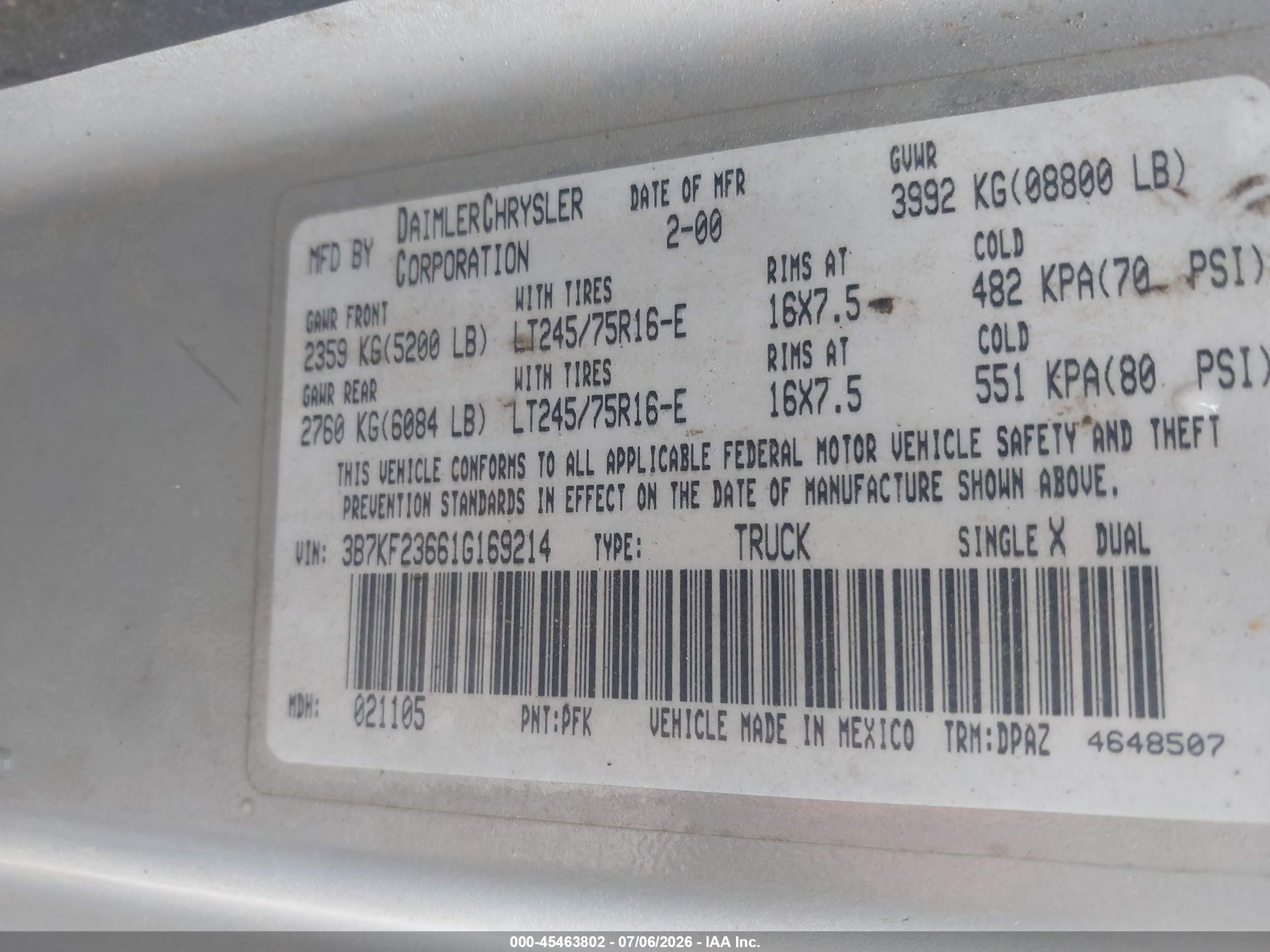 2001 Dodge Ram 2500 St Gray vin: 3B7KF23661G169214
