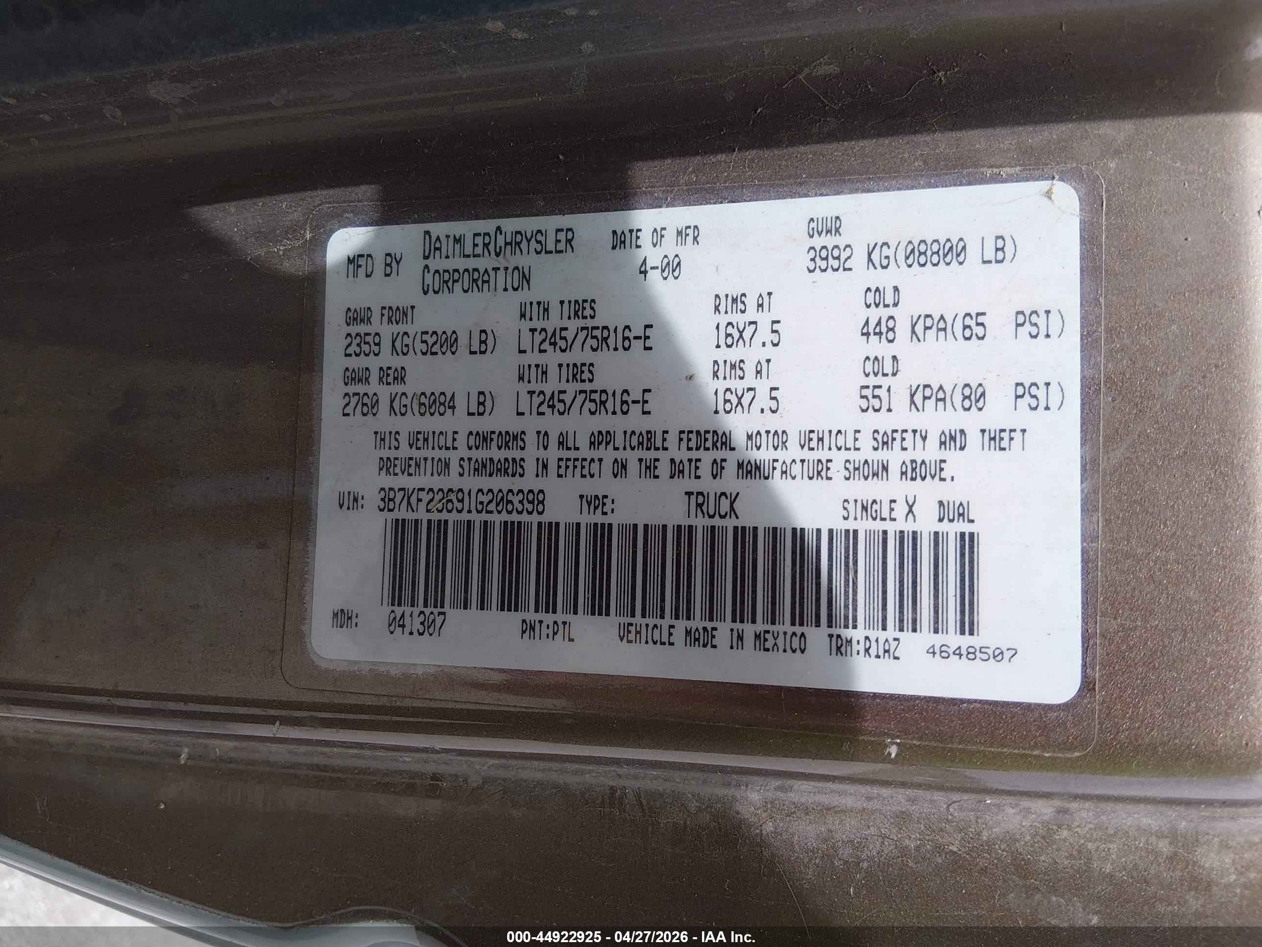 2001 Dodge Ram 2500 St Brown vin: 3B7KF23691G206398