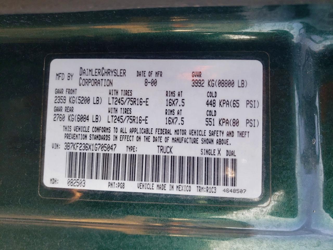 2001 Dodge Ram 2500 Green vin: 3B7KF236X1G705047