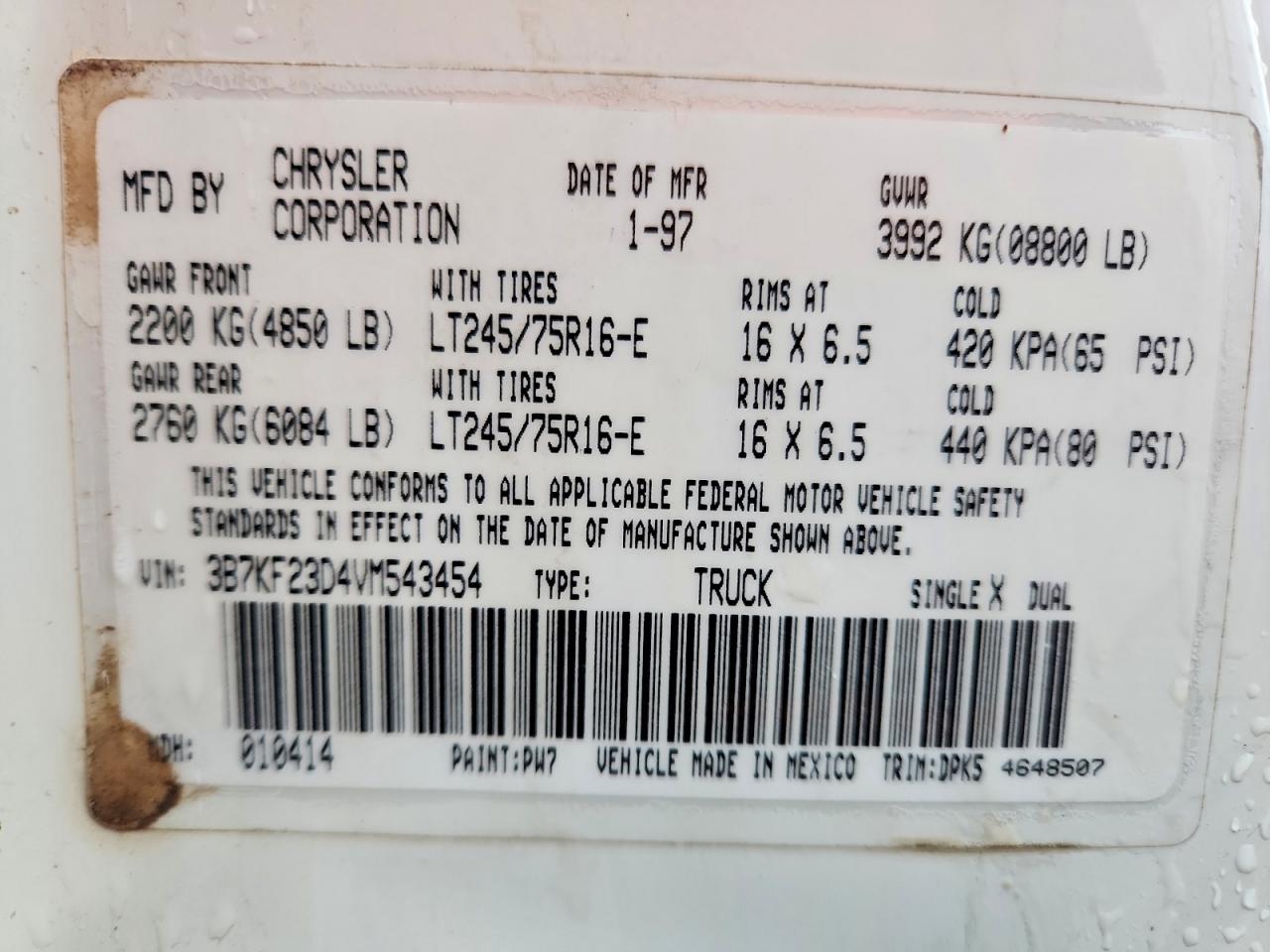 1997 Dodge Ram 2500 White vin: 3B7KF23D4VM543454