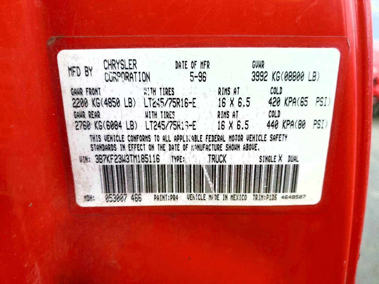 1996 Dodge Ram 2500 Red vin: 3B7KF23W3TM185116