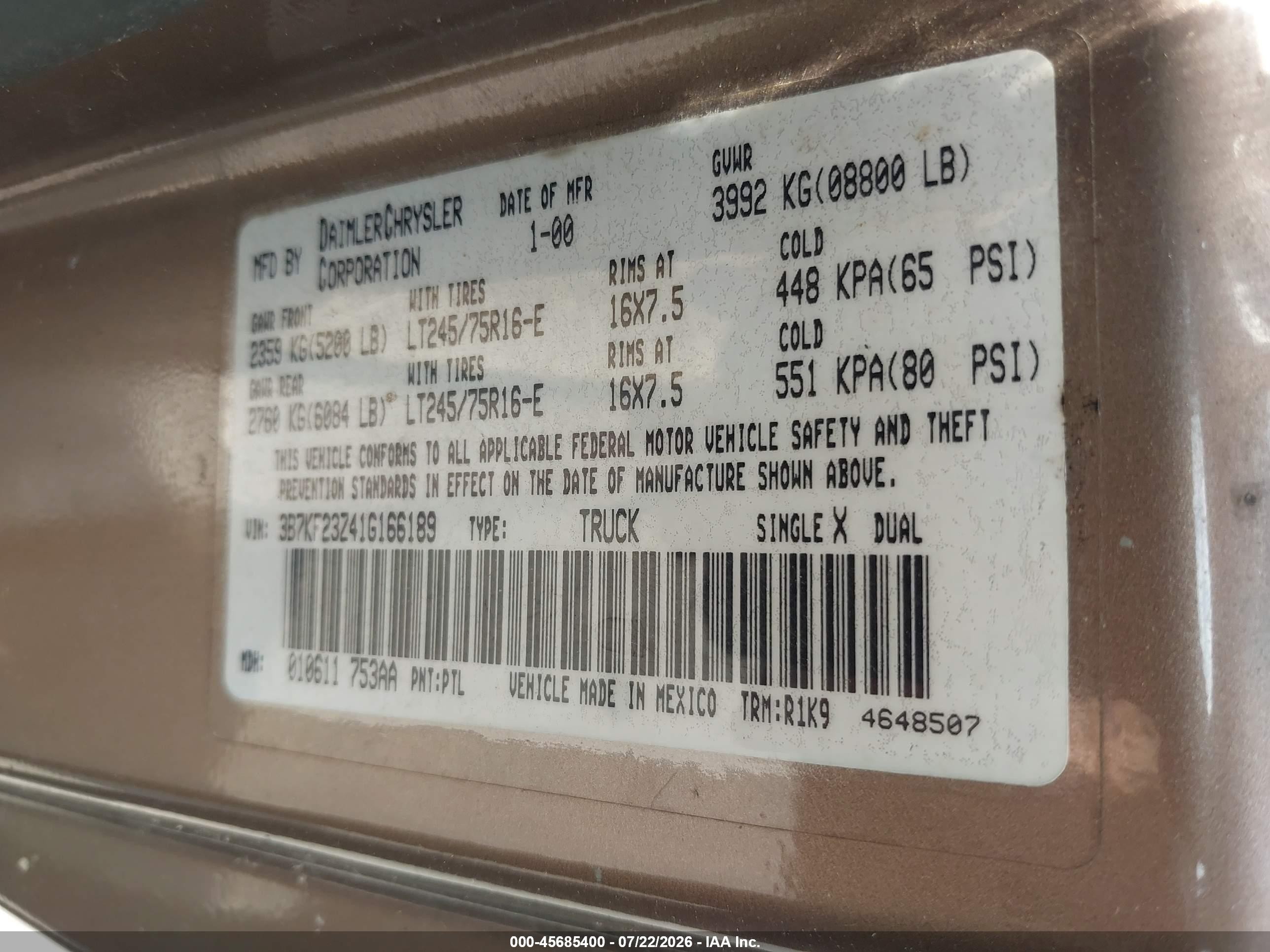 2001 Dodge Ram 2500   Золотой vin: 3B7KF23Z41G166189