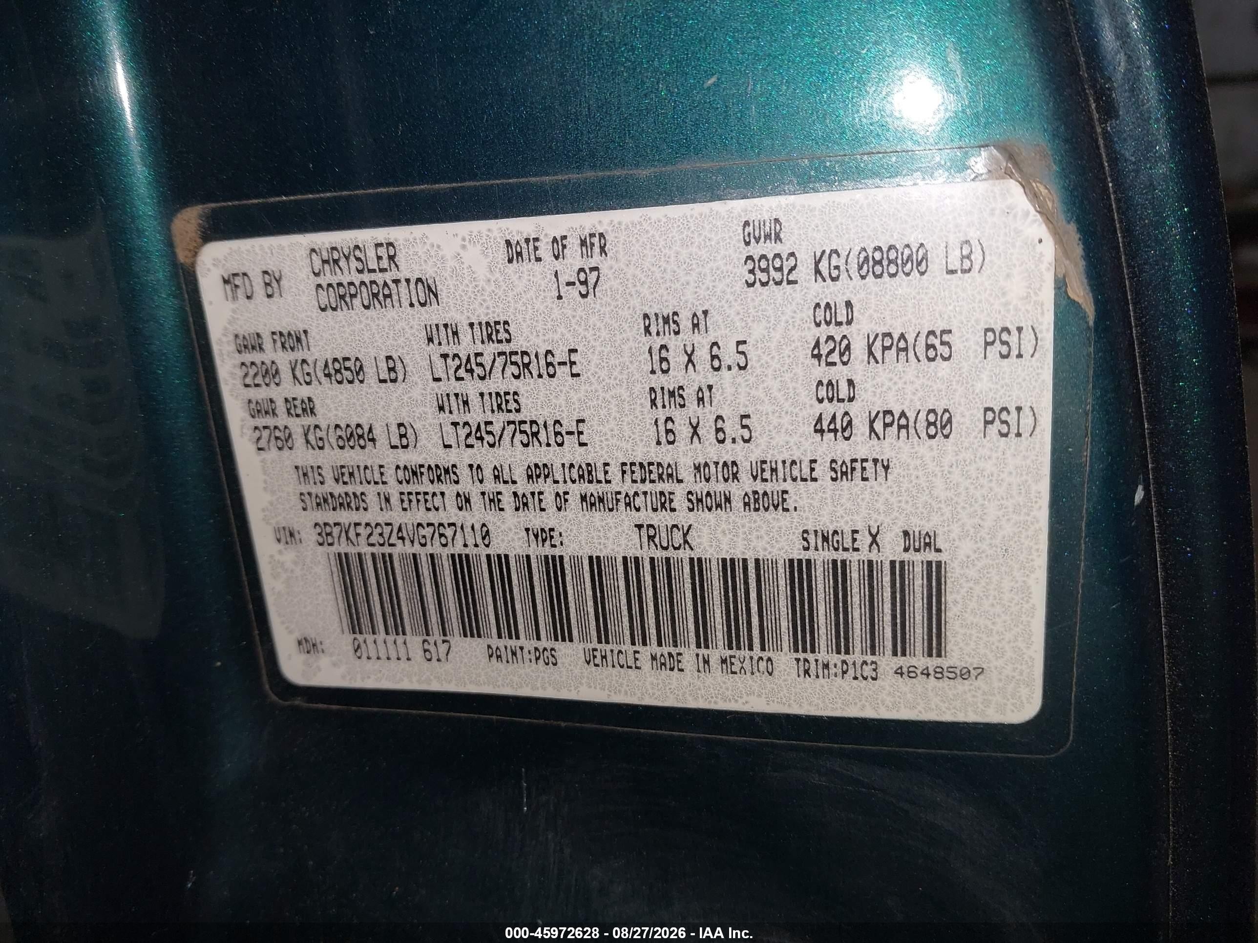 1997 Dodge Ram 2500 St Green vin: 3B7KF23Z4VG767110