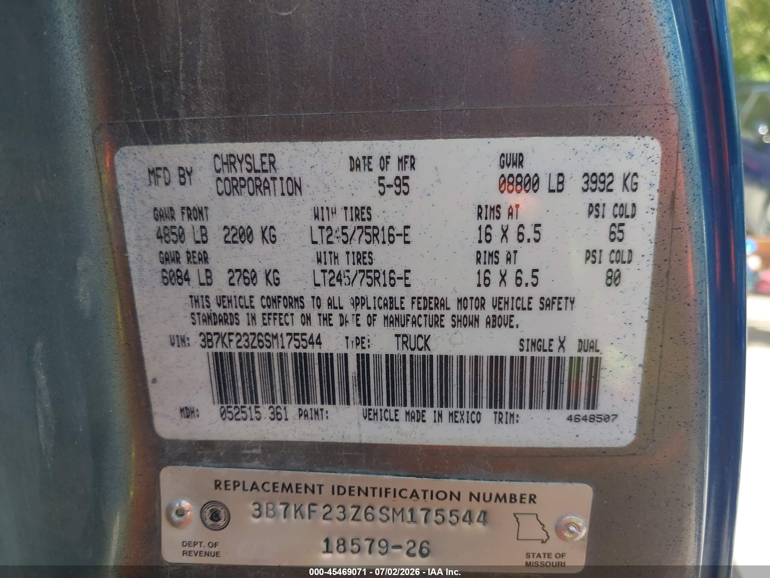 1995 Dodge Ram 2500   Blue vin: 3B7KF23Z6SM175544