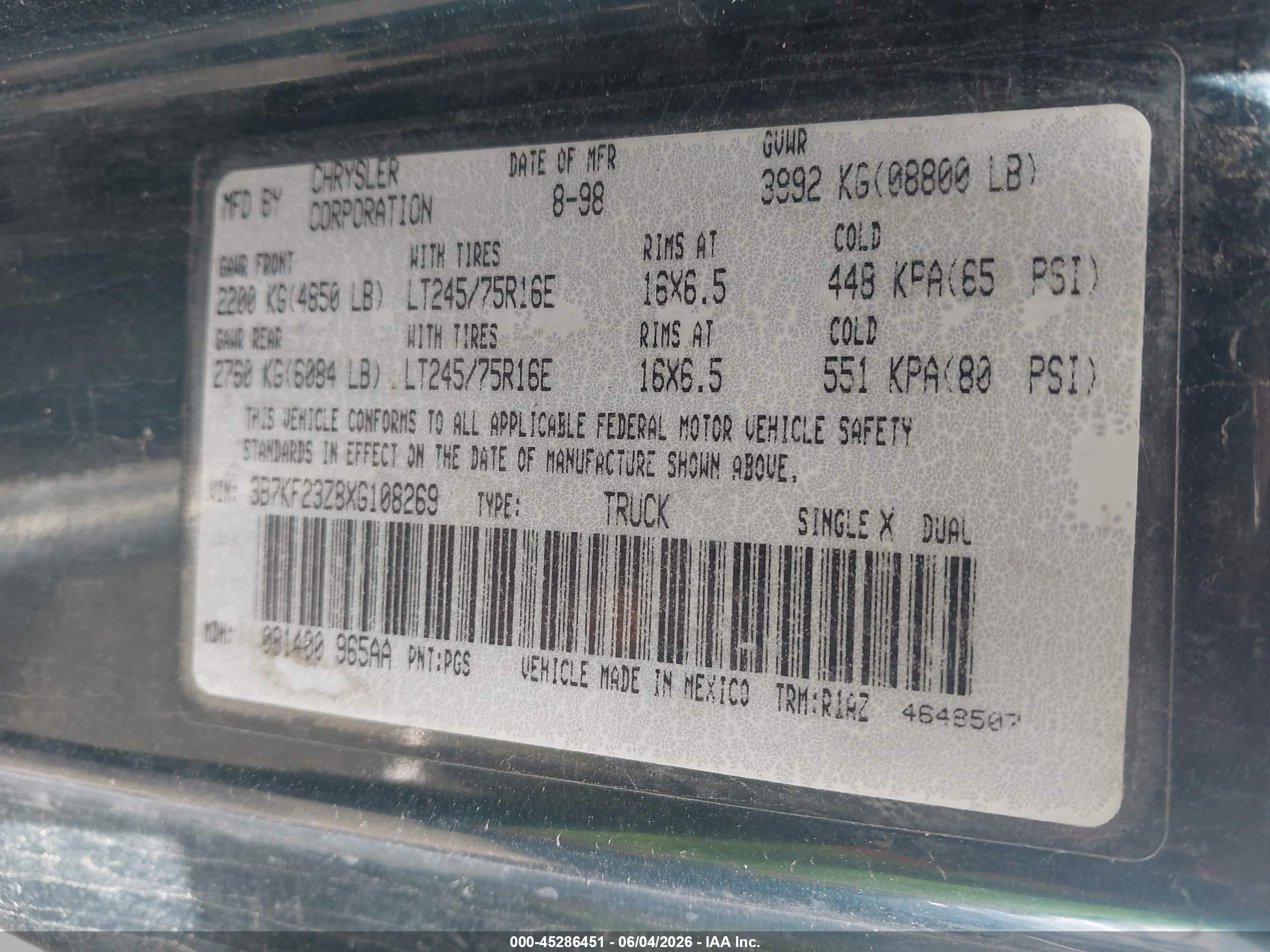 1999 Dodge Ram 2500 St Green vin: 3B7KF23Z8XG108269