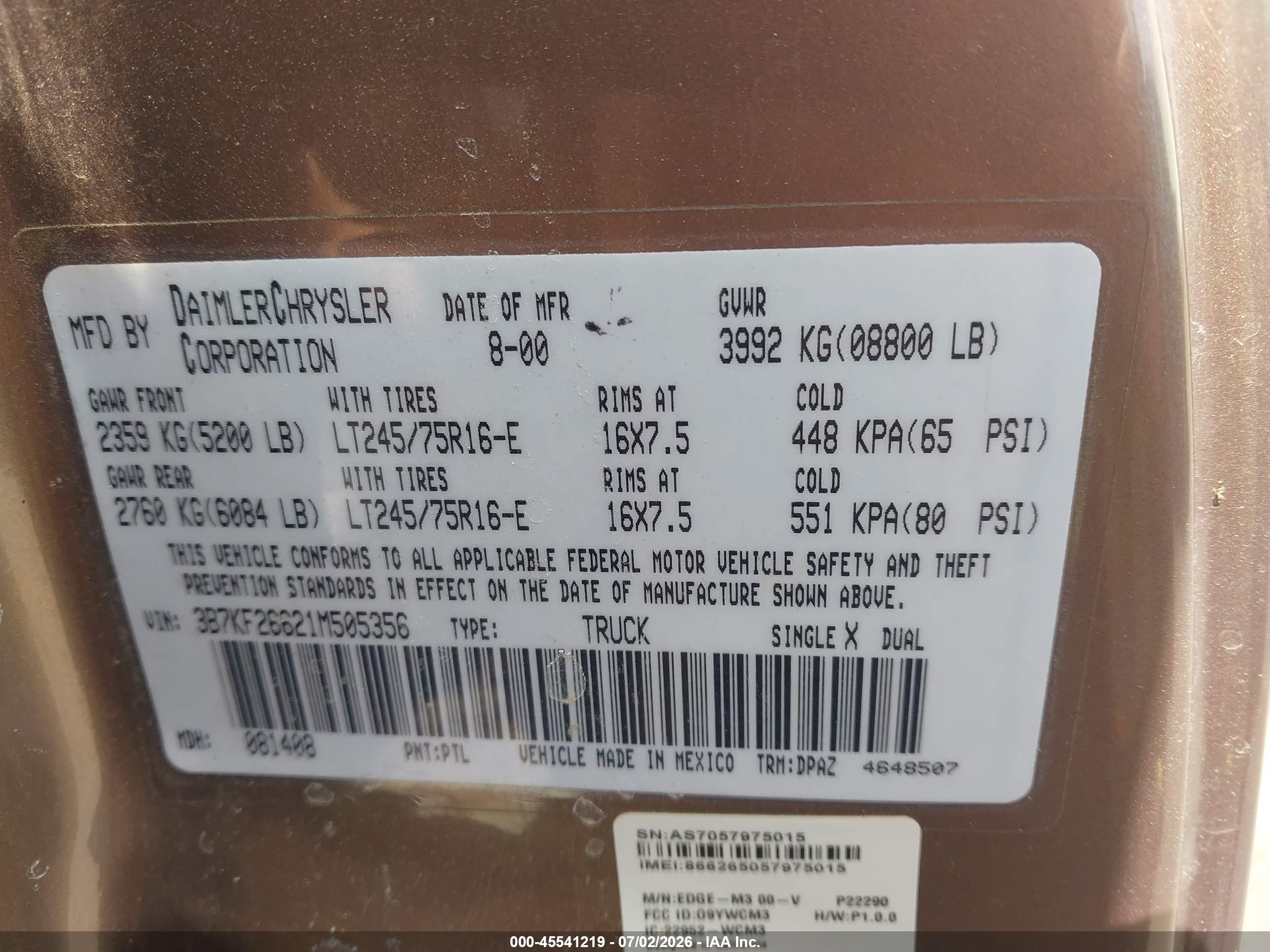 2001 Dodge Ram 2500 St Brown vin: 3B7KF26621M505356