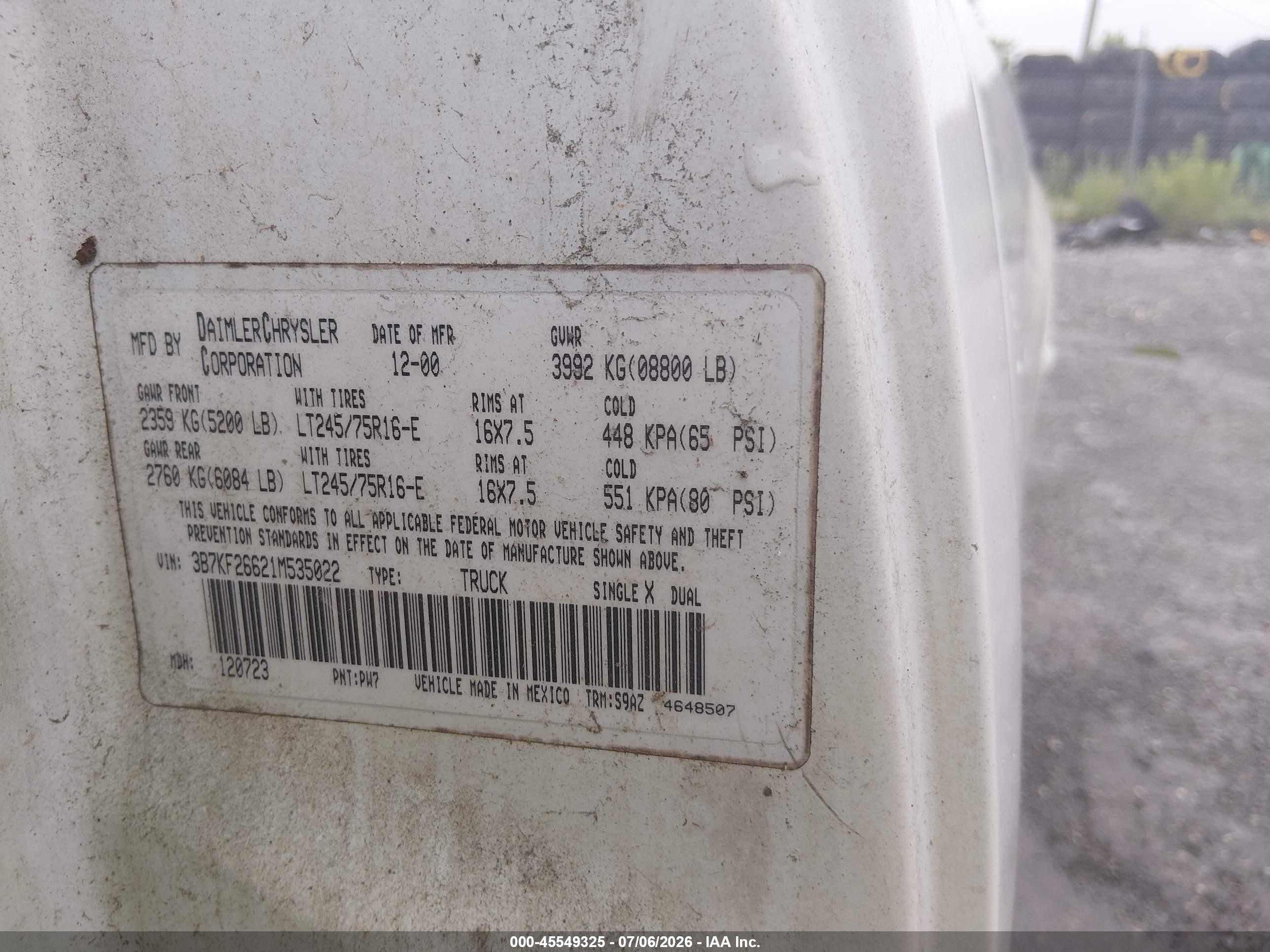 2001 Dodge Ram 2500 St White vin: 3B7KF26621M535022