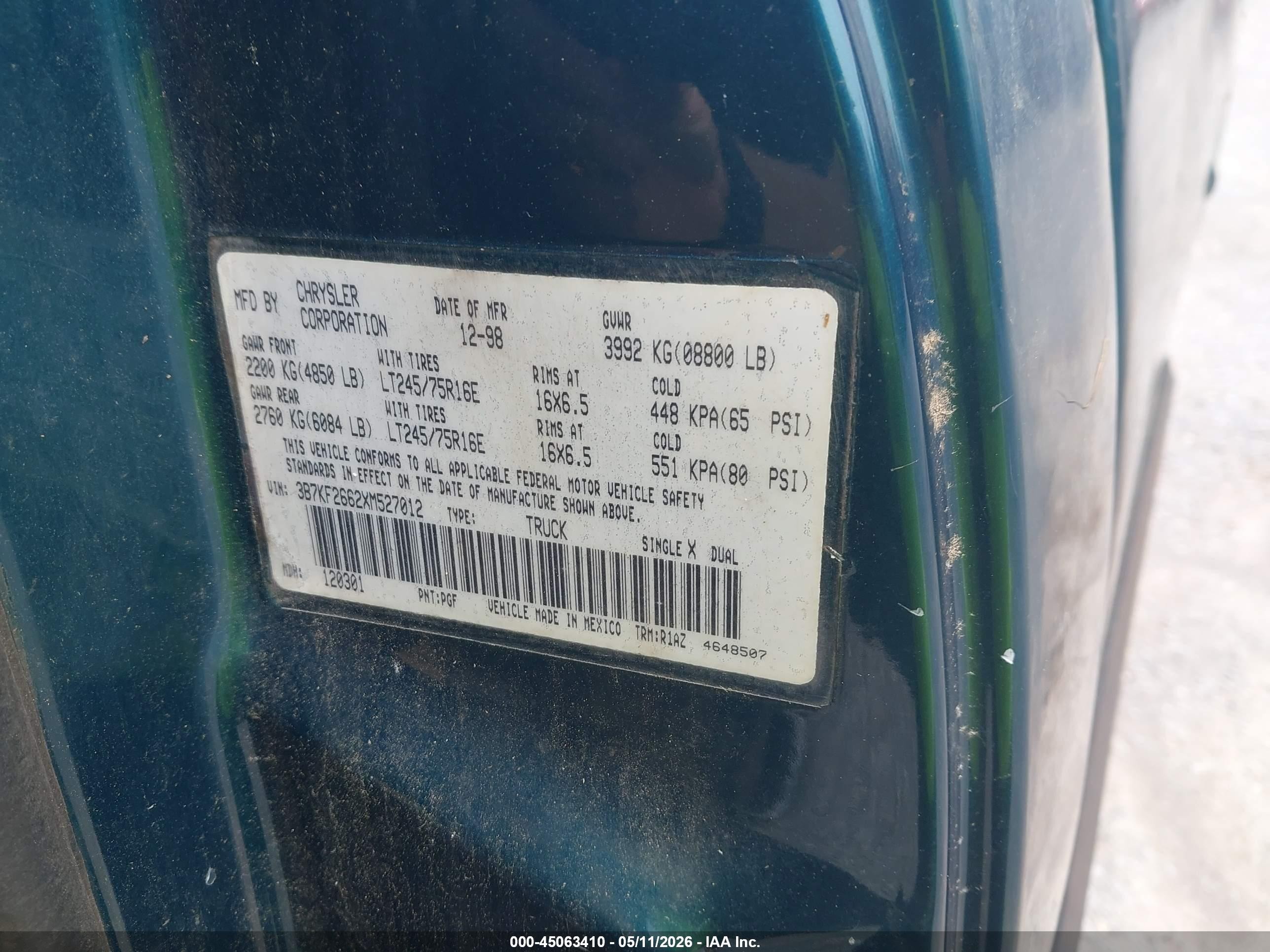 1999 Dodge Ram 2500 St Green vin: 3B7KF2662XM527012