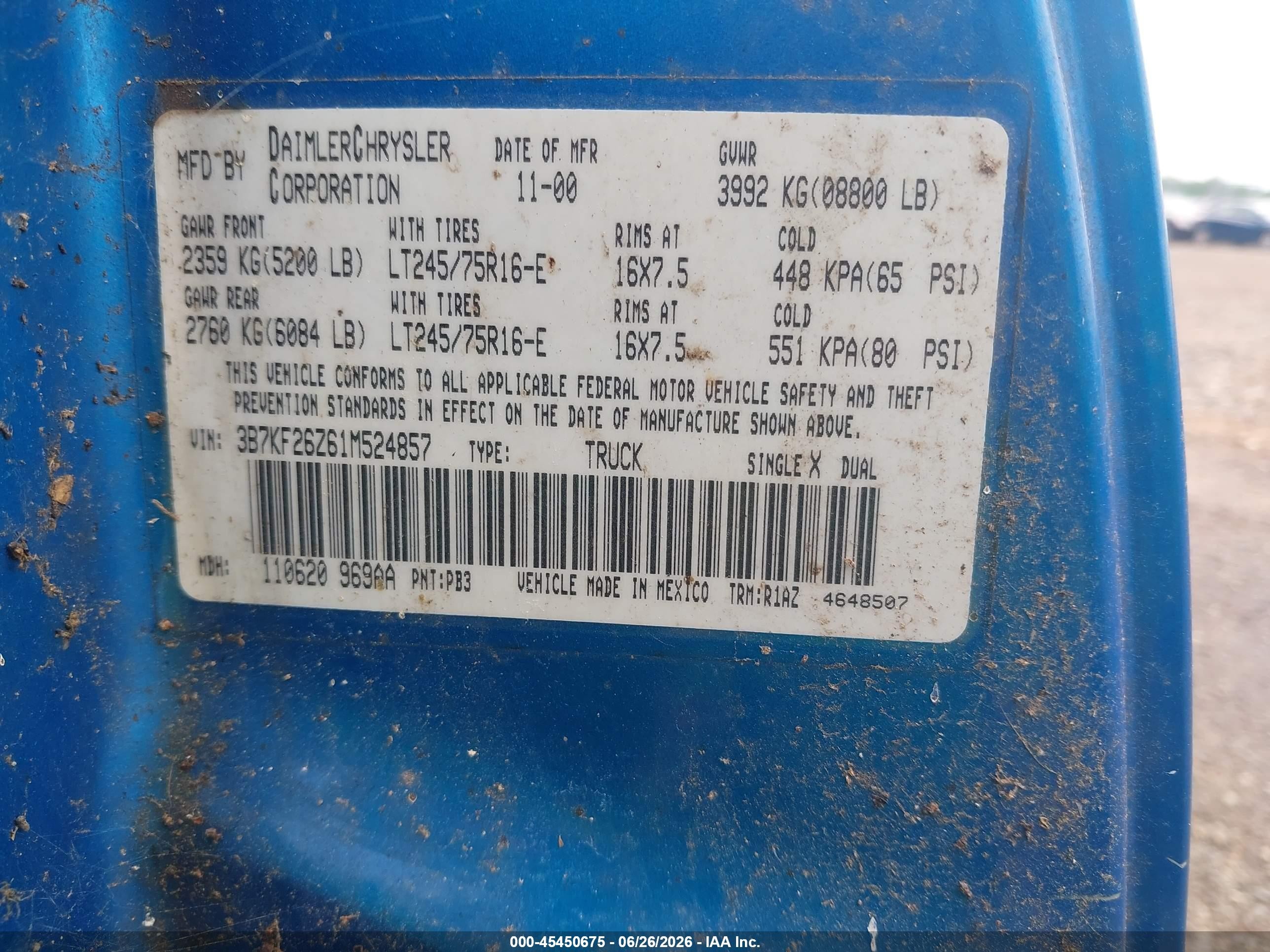 2001 Dodge Ram 2500 St Blue vin: 3B7KF26Z61M524857