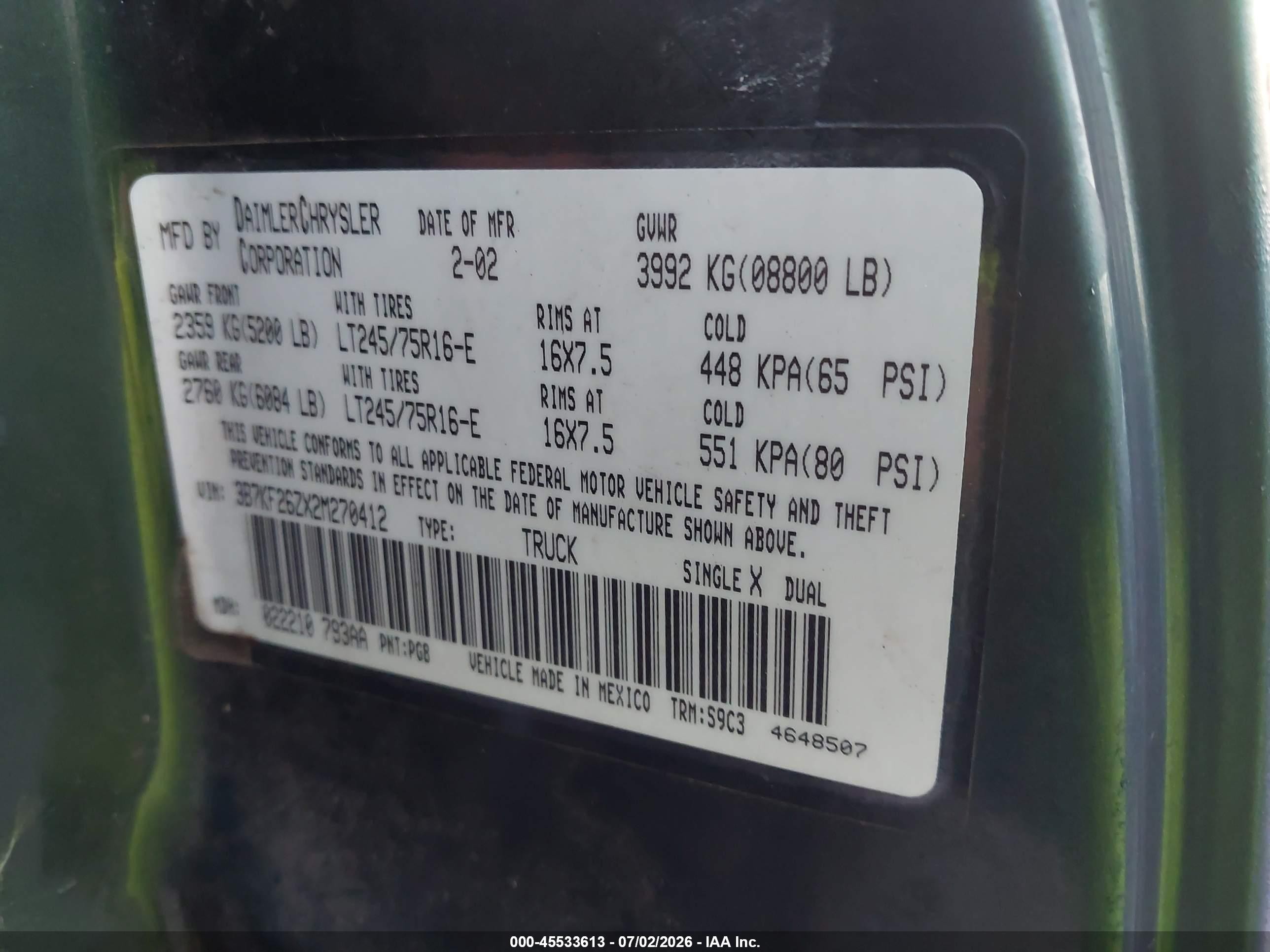 2002 Dodge Ram 2500 St Green vin: 3B7KF26ZX2M270412