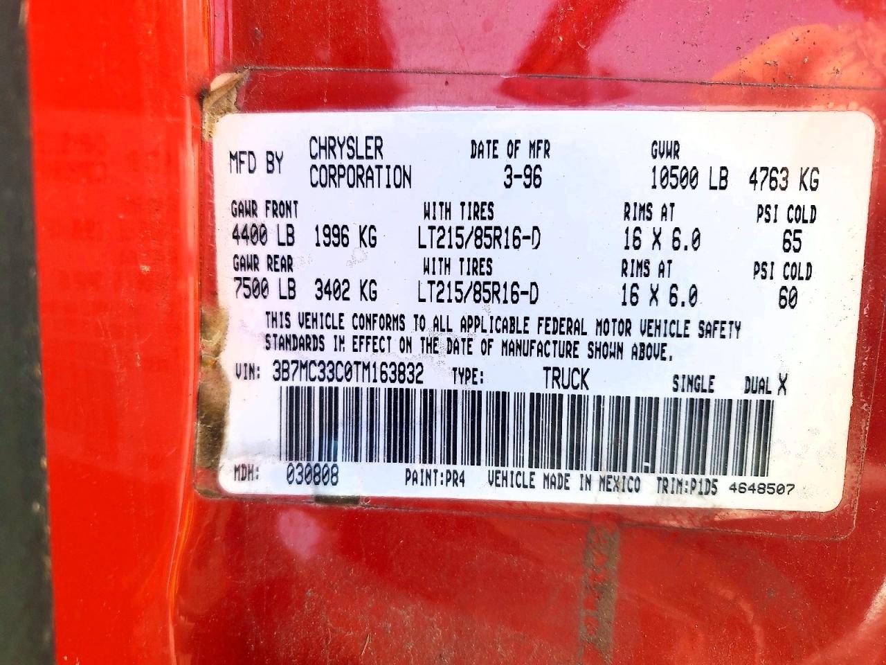 1996 Dodg Ram Красный vin: 3B7MC33C0TM163832