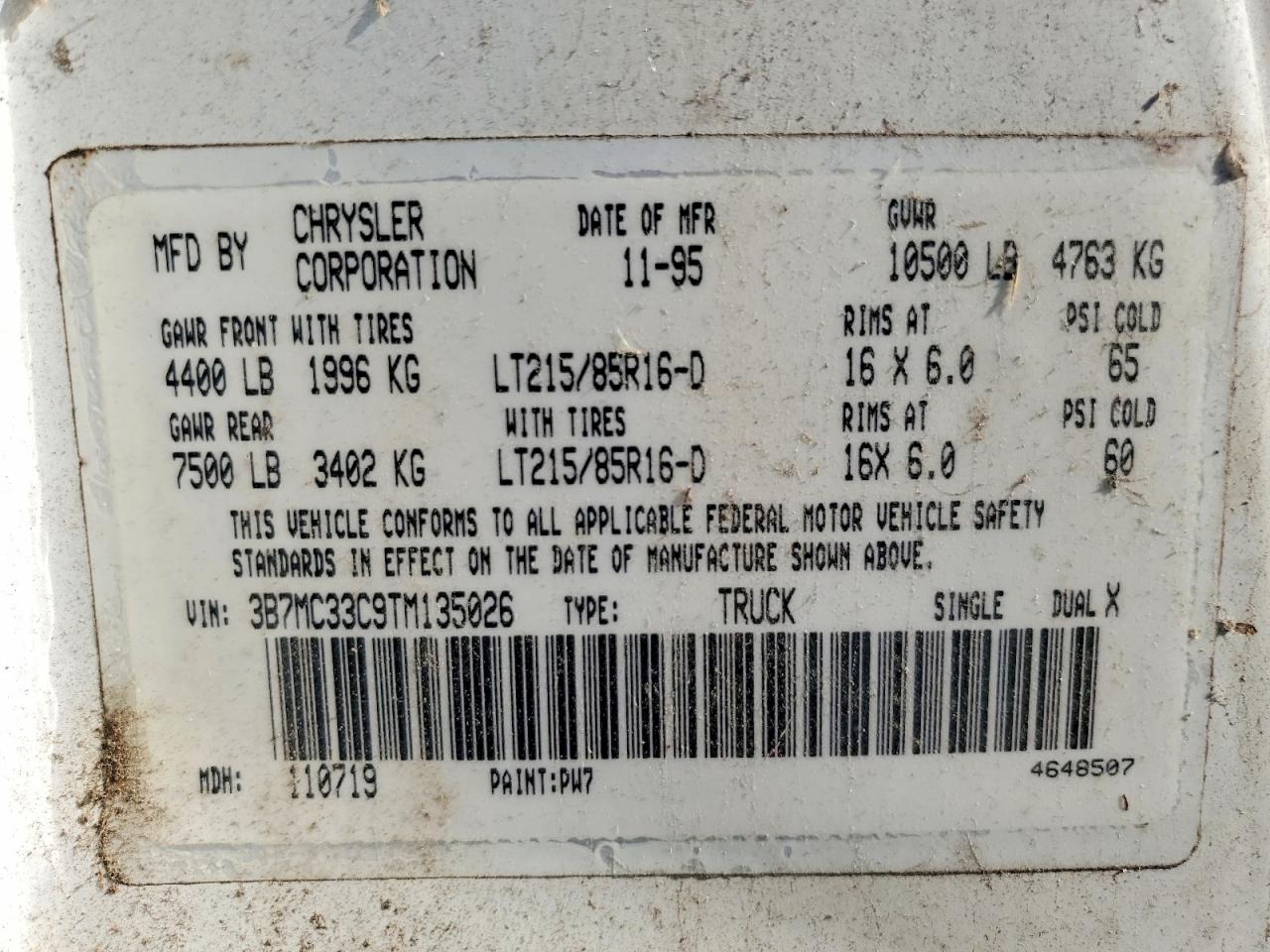 1996 Dodge Ram 3500 White vin: 3B7MC33C9TM135026
