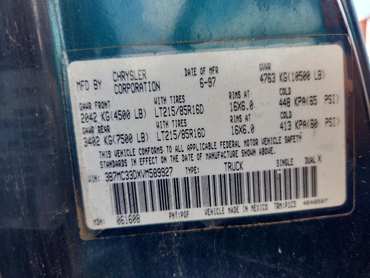 1997 Dodge Ram 3500 Green vin: 3B7MC33DXVM589927