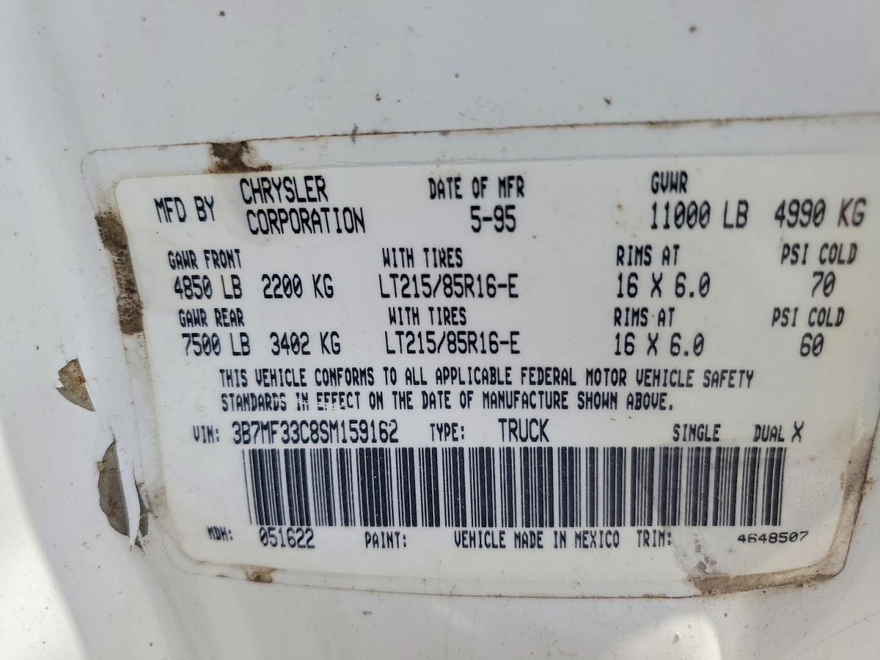 1995 Dodge Ram 3500 Белый vin: 3B7MF33C8SM159162