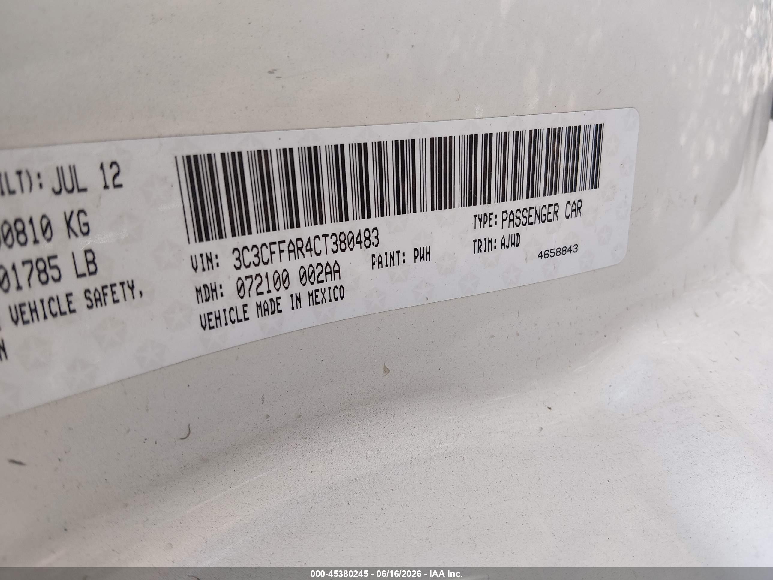 2012 Fiat 500 Pop White vin: 3C3CFFAR4CT380483