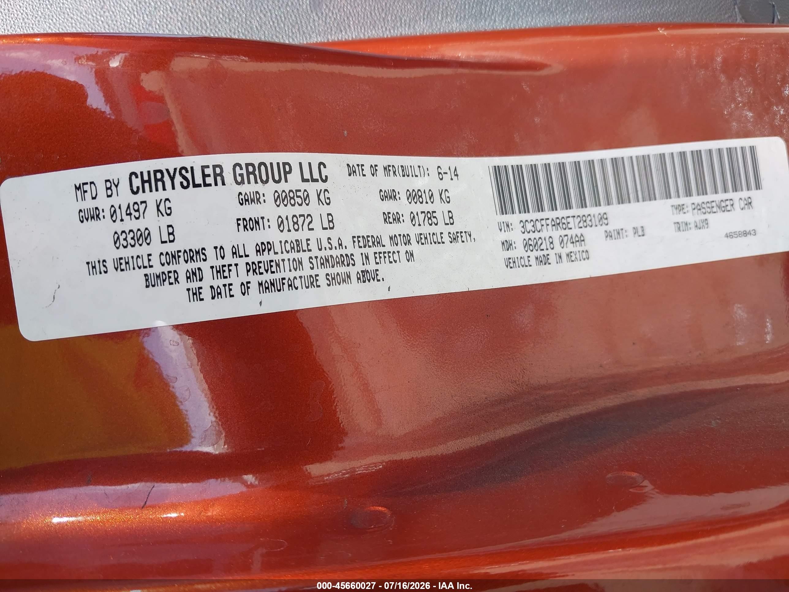 2014 Fiat 500 Pop Orange vin: 3C3CFFAR6ET283109
