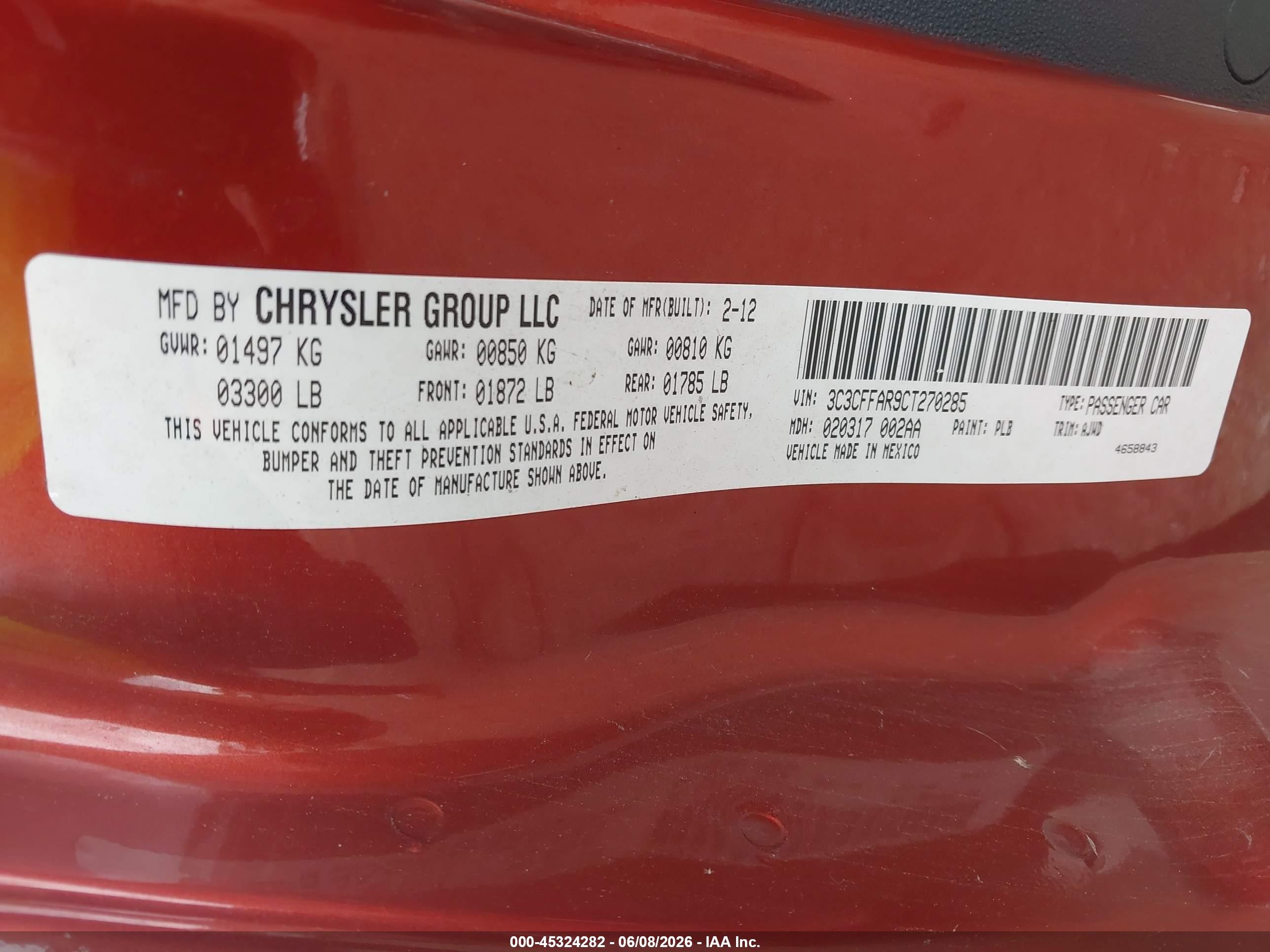 2012 Fiat 500 Pop Orange vin: 3C3CFFAR9CT270285