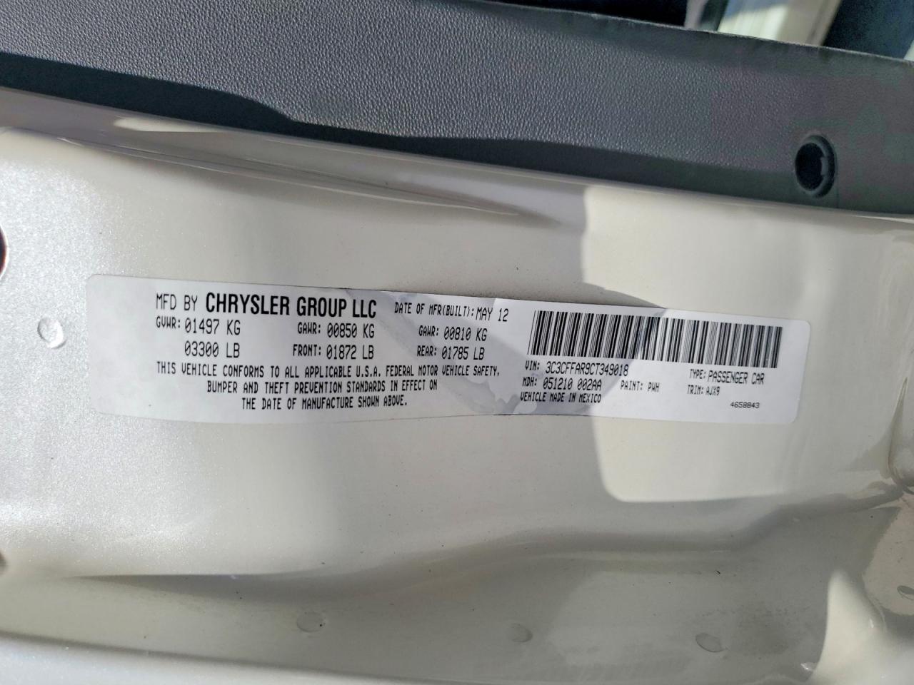 2012 Fiat 500 Pop White vin: 3C3CFFAR9CT349018