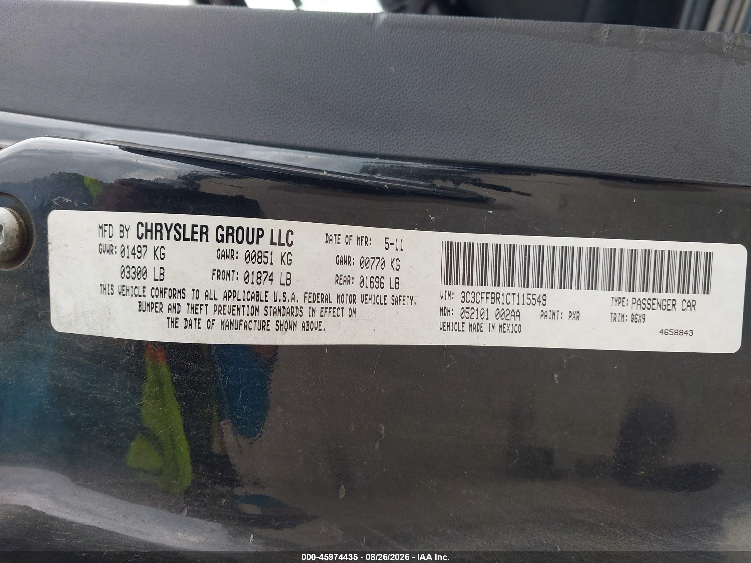 2012 Fiat 500 Sport Black vin: 3C3CFFBR1CT115549