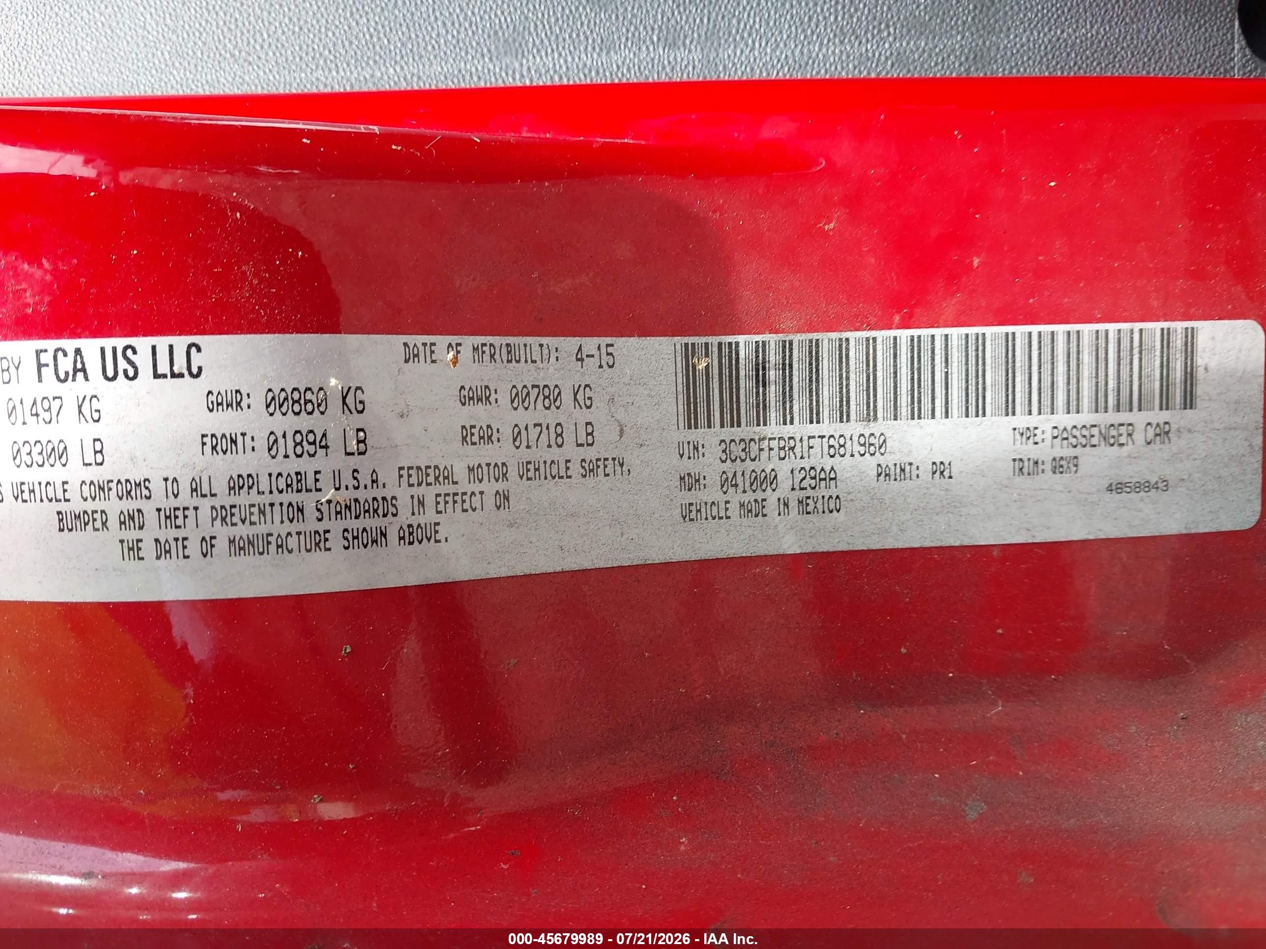 2015 Fiat 500 Sport Red vin: 3C3CFFBR1FT681960