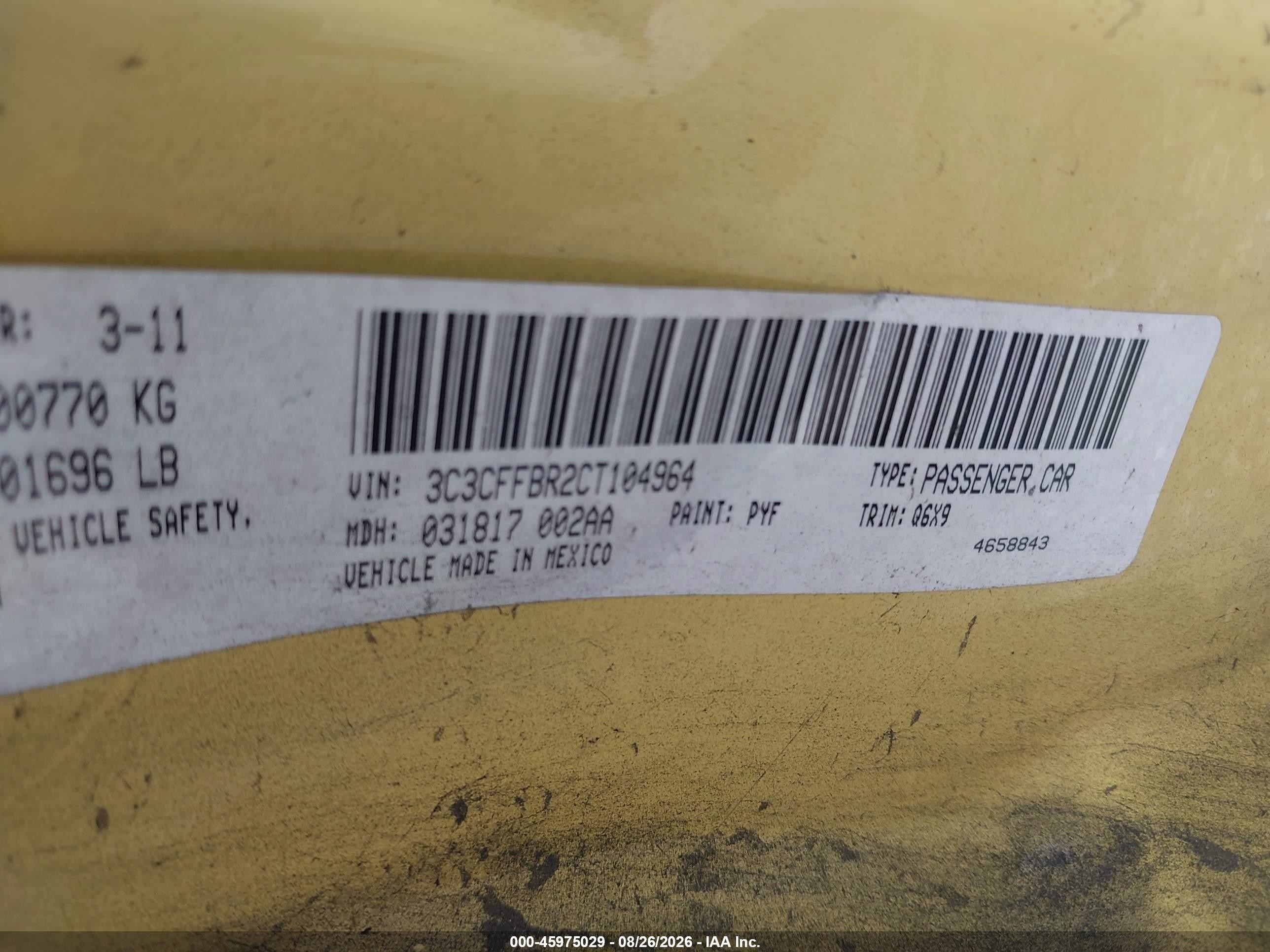 2012 Fiat 500 Sport Yellow vin: 3C3CFFBR2CT104964