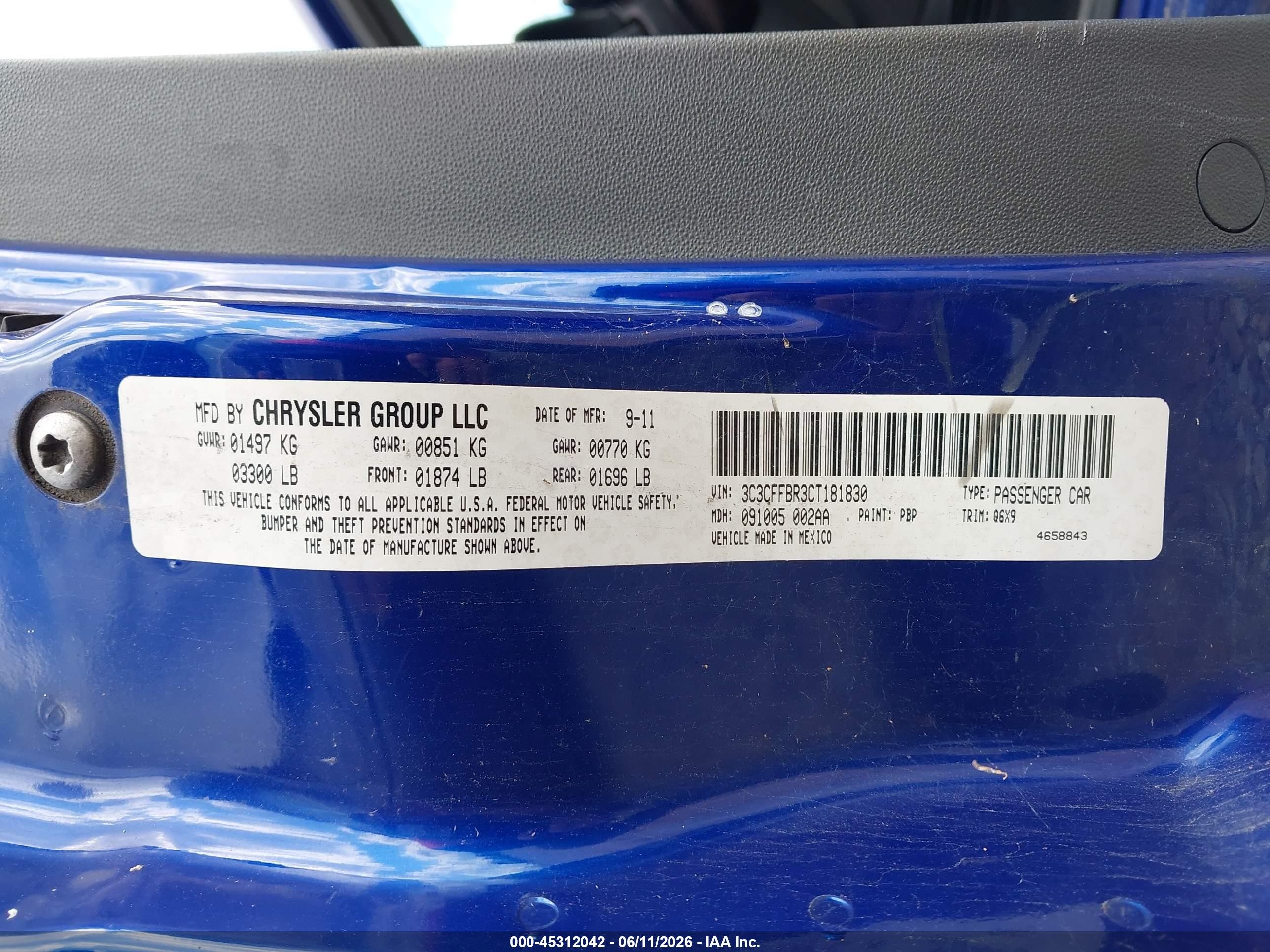 2012 Fiat 500 Sport Blue vin: 3C3CFFBR3CT181830