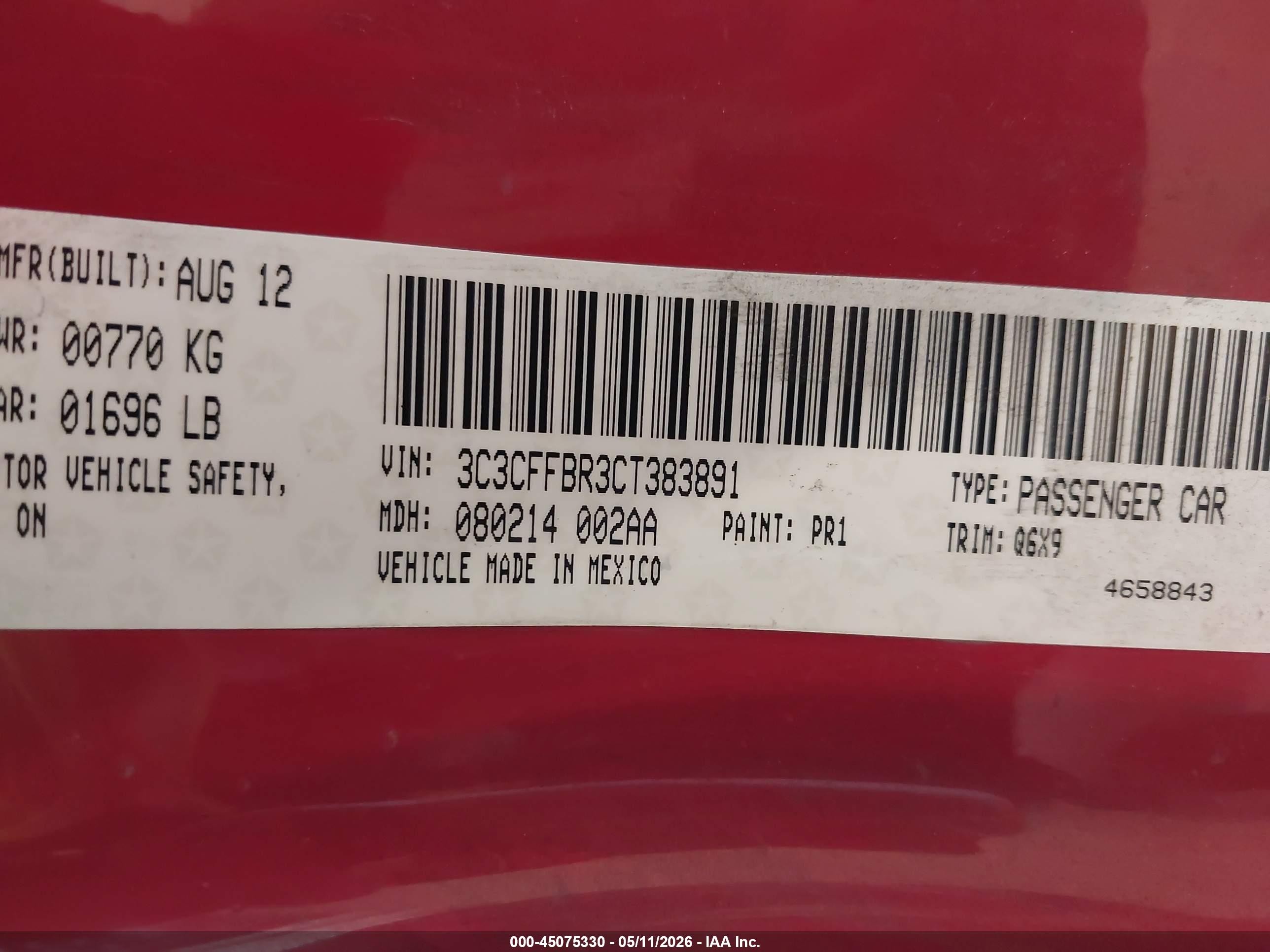 2012 Fiat 500 Sport Red vin: 3C3CFFBR3CT383891