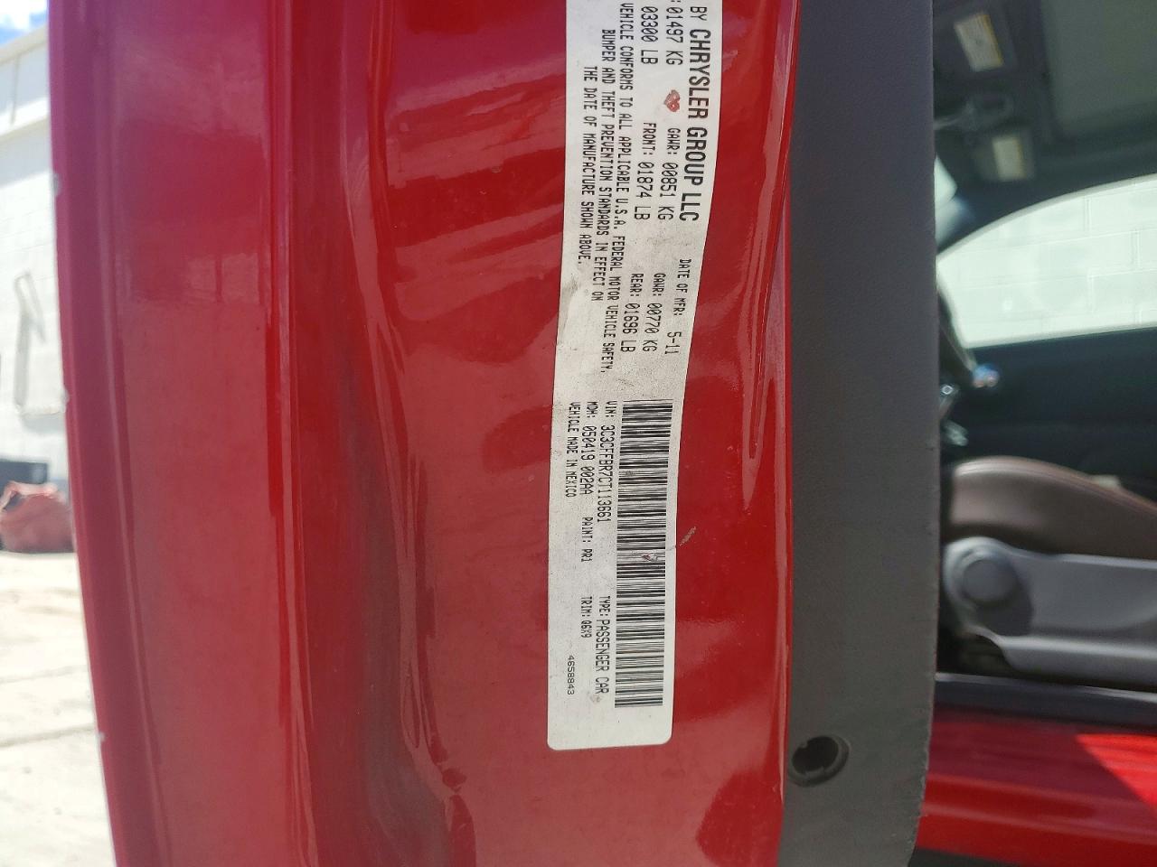 2012 Fiat 500 Sport Red vin: 3C3CFFBR7CT113661