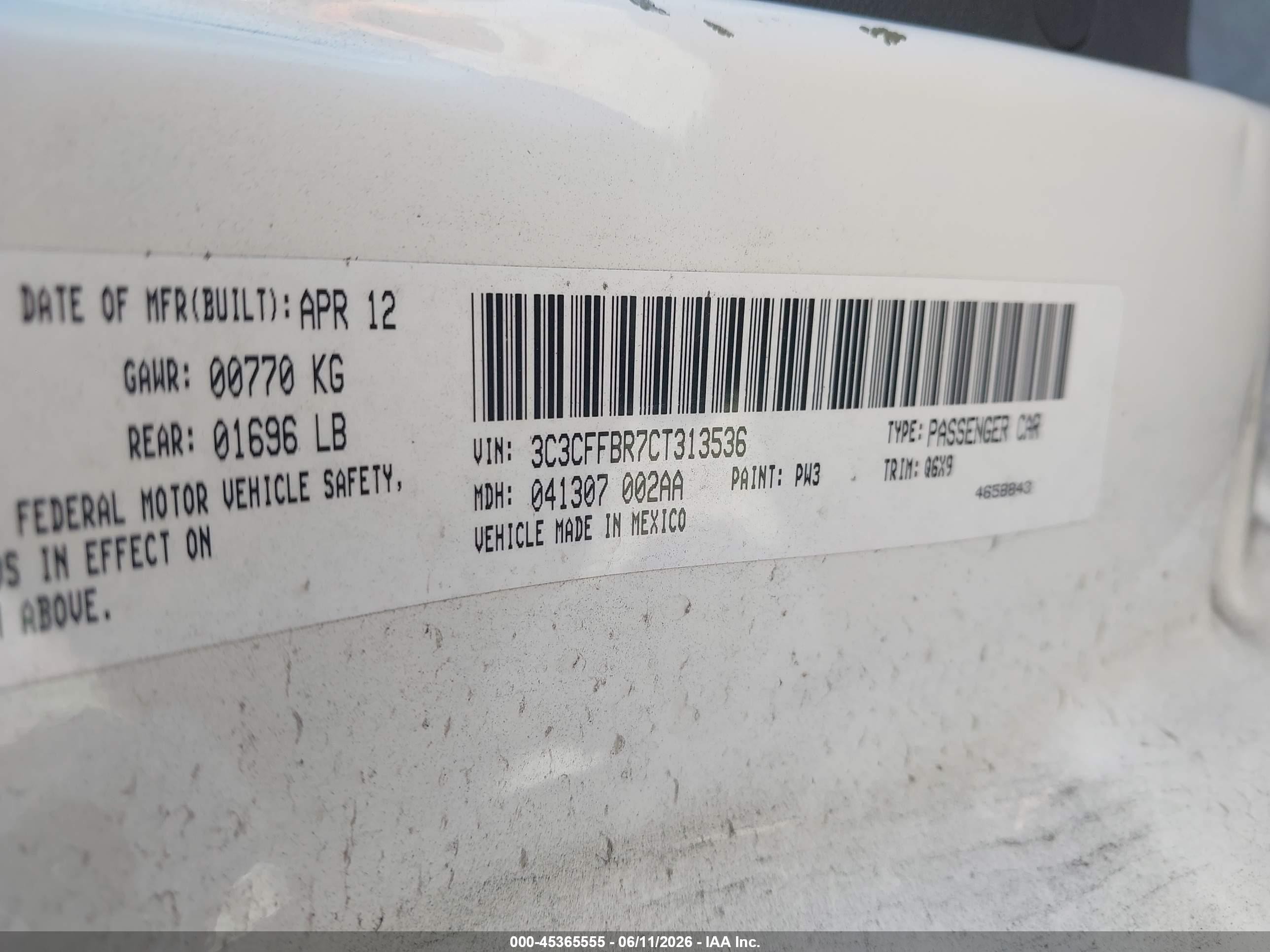 2012 Fiat 500 Sport White vin: 3C3CFFBR7CT313536