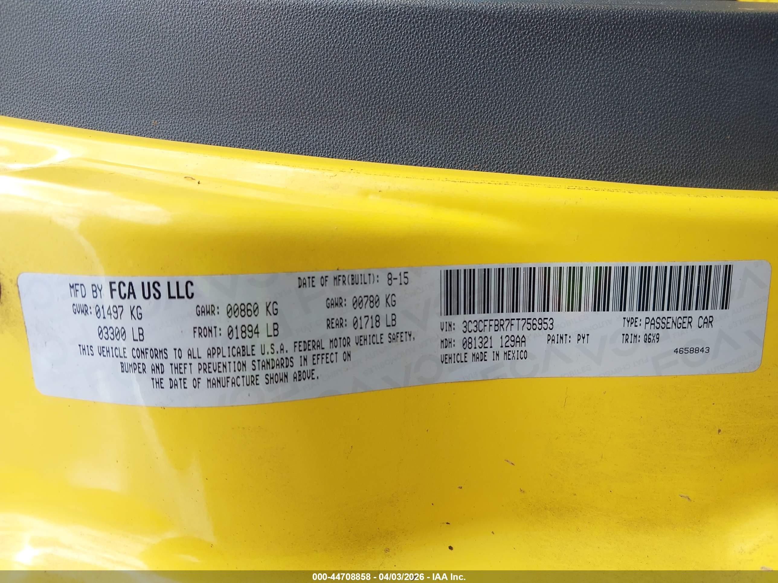 2015 Fiat 500 Sport Yellow vin: 3C3CFFBR7FT756953