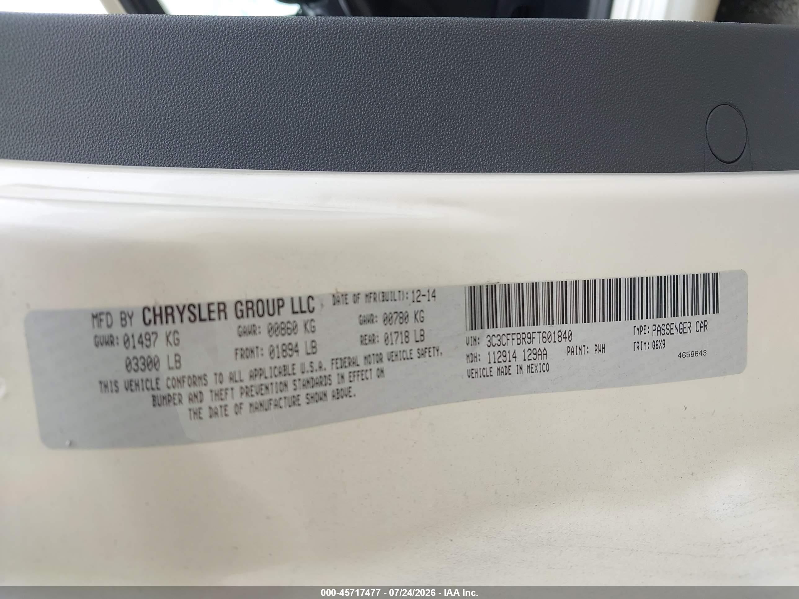2015 Fiat 500 Sport White vin: 3C3CFFBR9FT601840