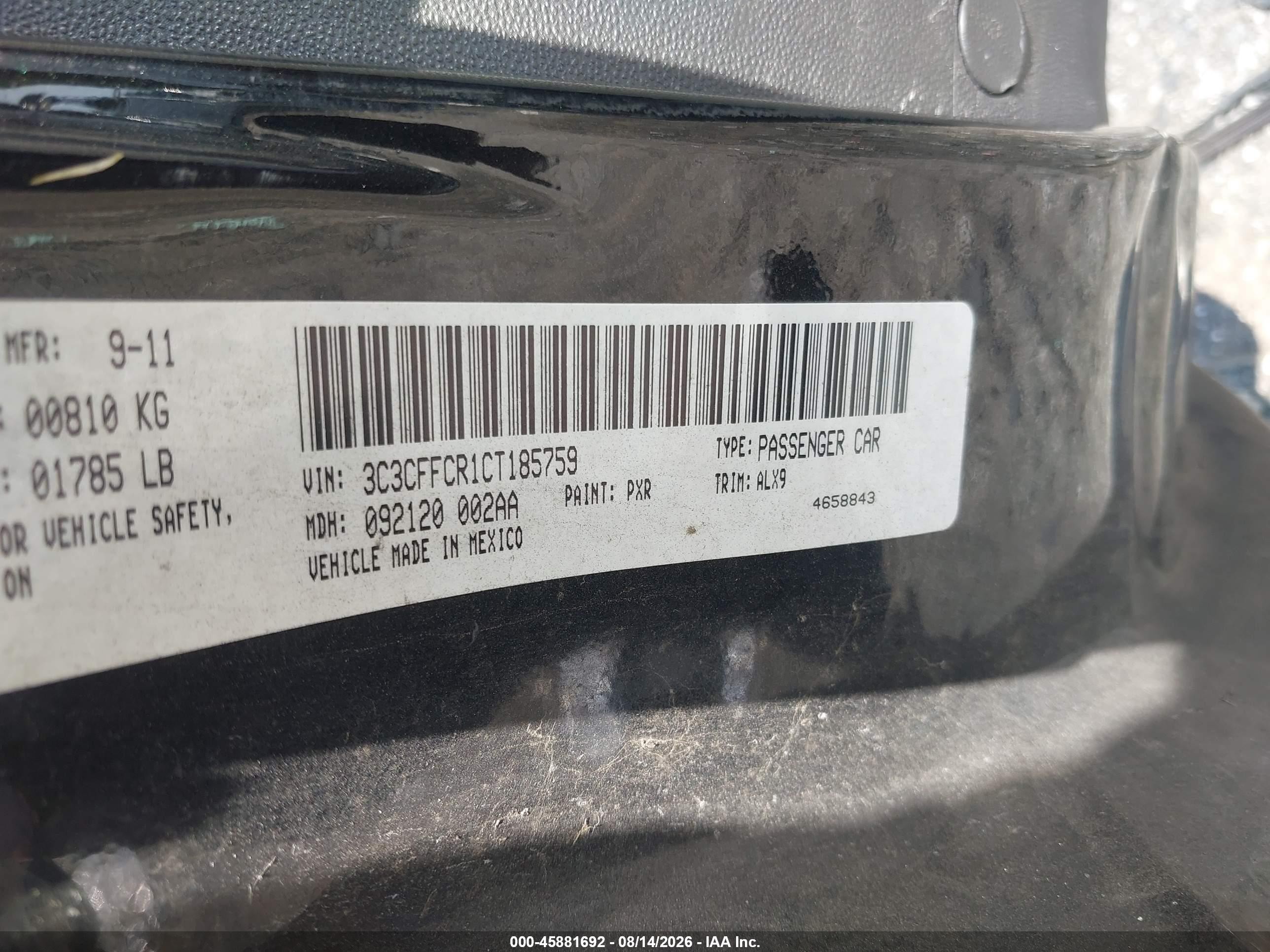 2012 Fiat 500 Lounge Black vin: 3C3CFFCR1CT185759