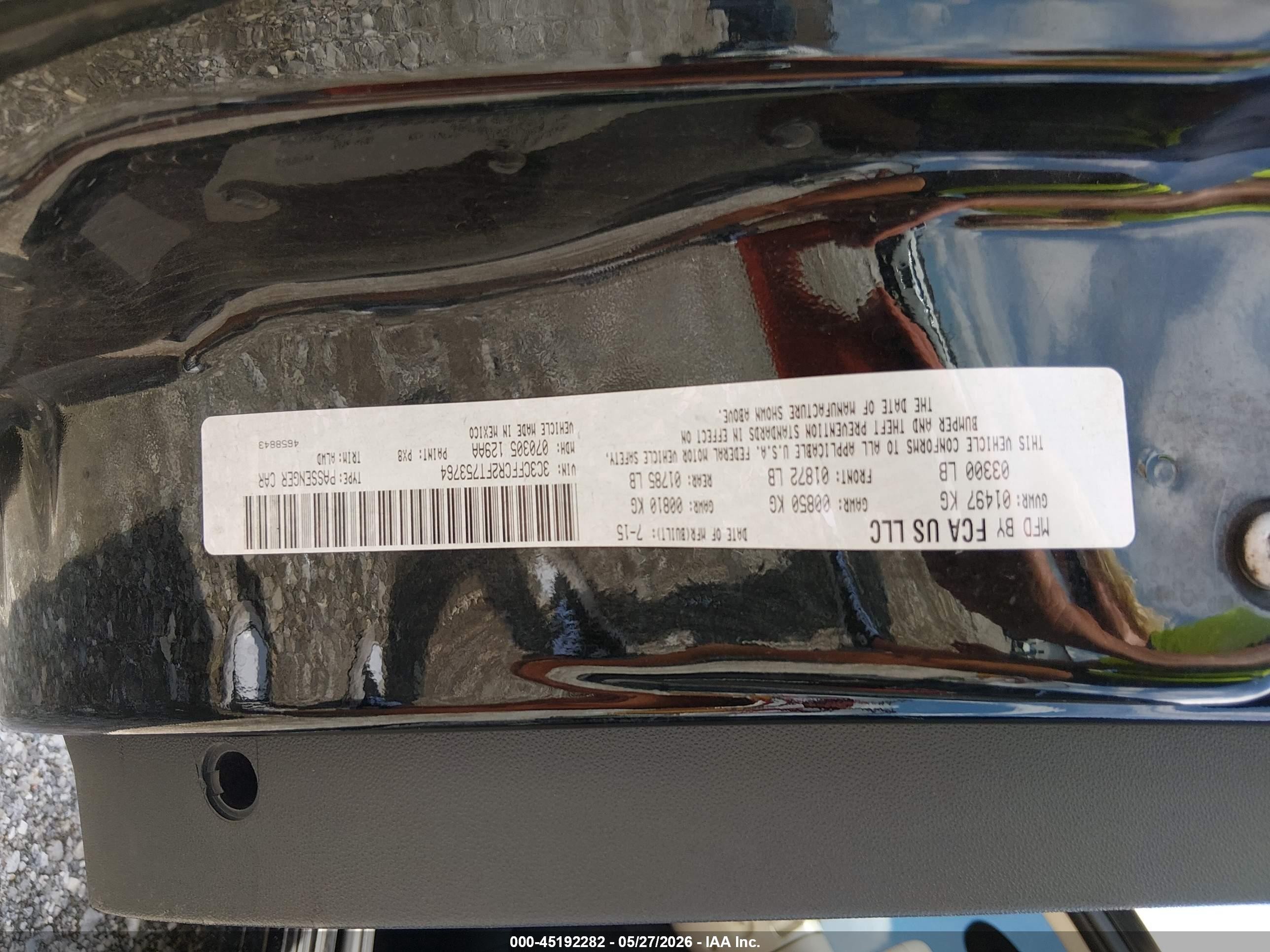 2015 Fiat 500 Lounge Black vin: 3C3CFFCR2FT753764