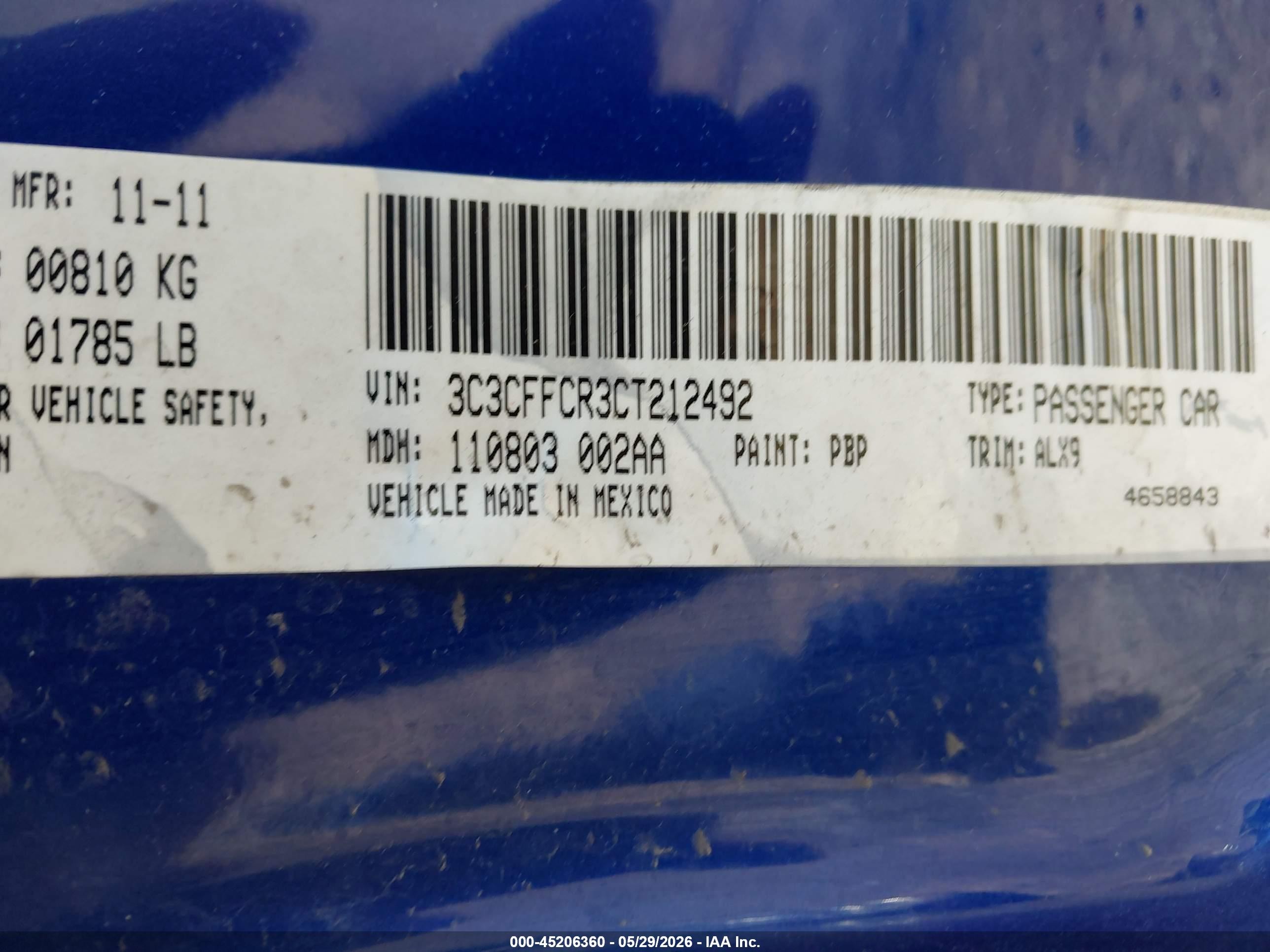 2012 Fiat 500 Lounge Blue vin: 3C3CFFCR3CT212492