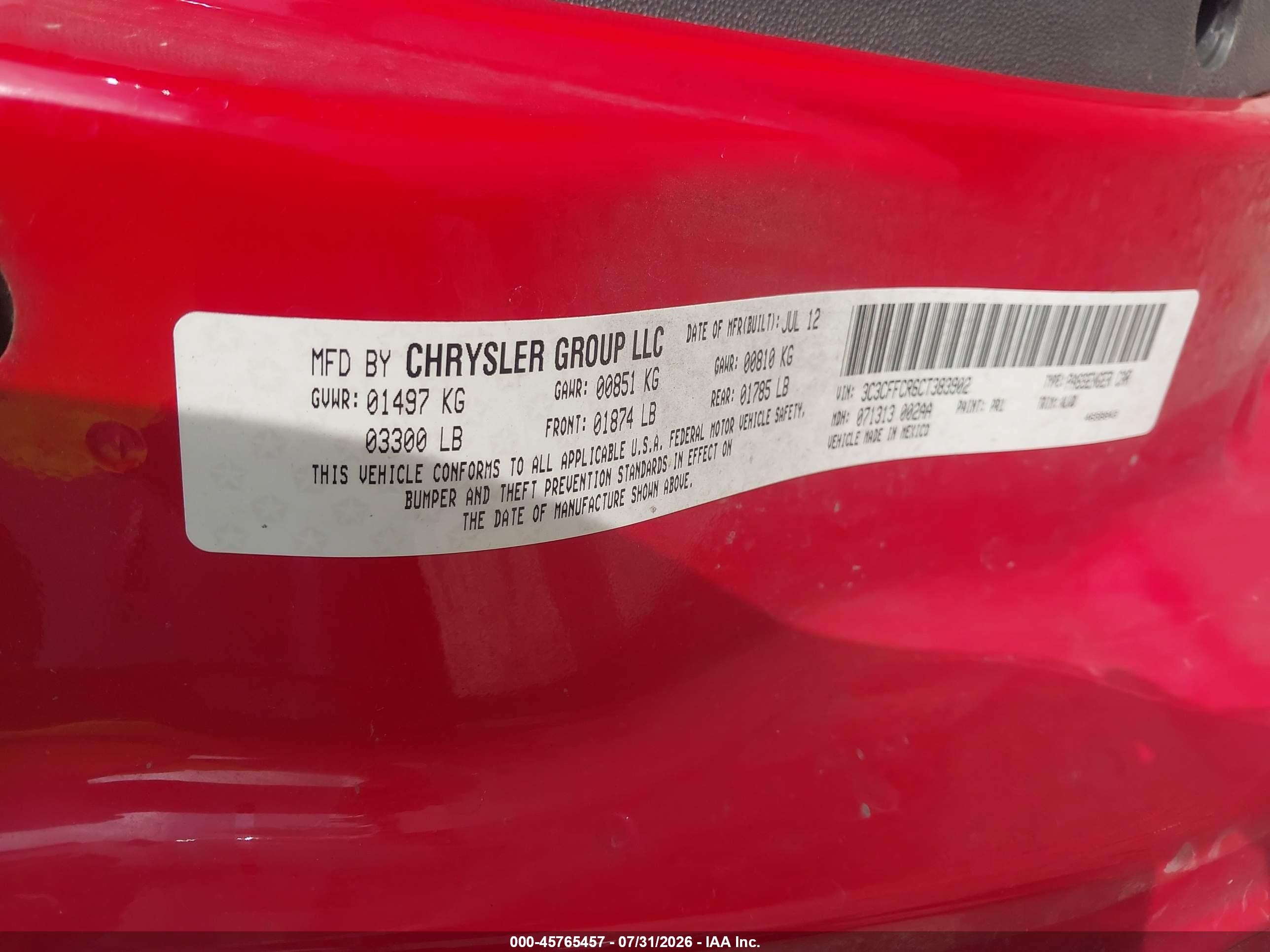2012 Fiat 500 Lounge Red vin: 3C3CFFCR6CT383902