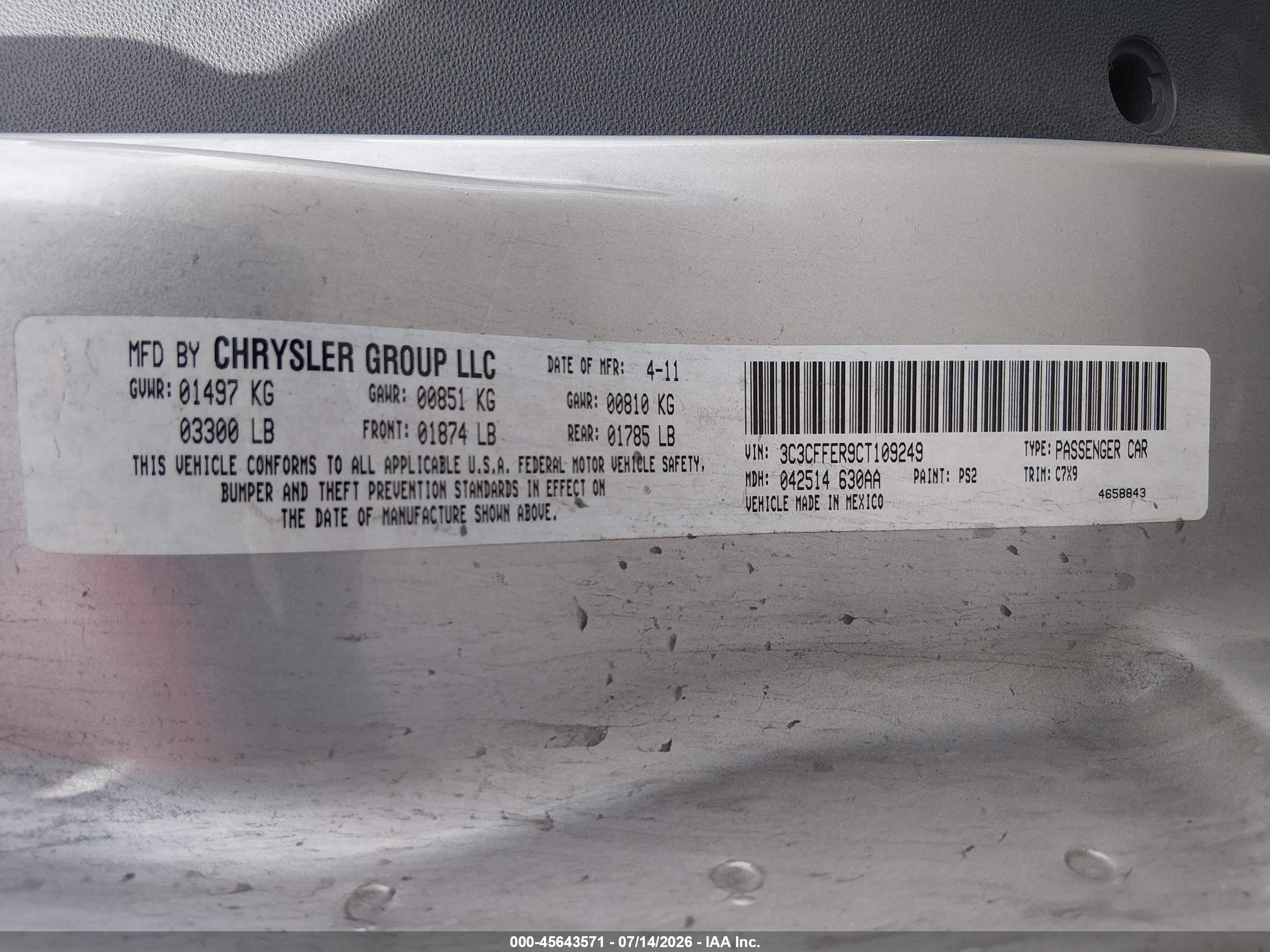 2012 Fiat 500c Lounge Silver vin: 3C3CFFER9CT109249