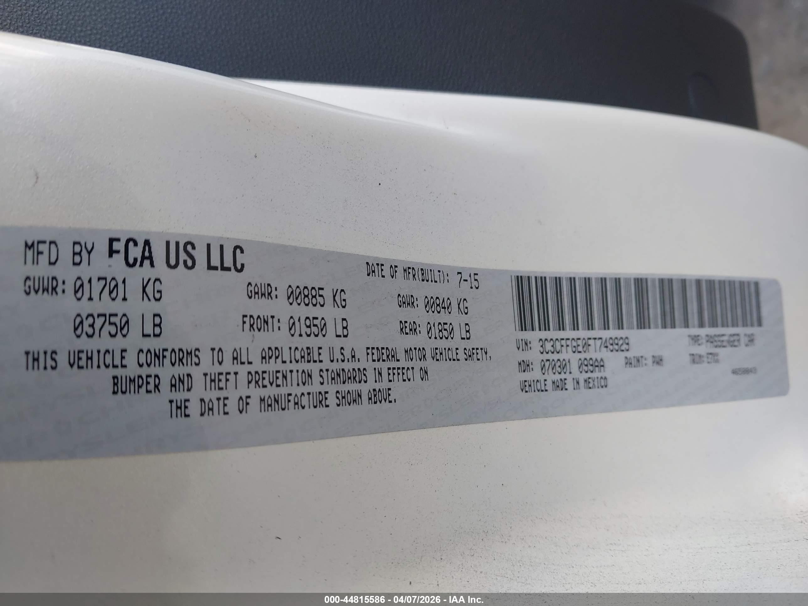 2015 Fiat 500e Battery Electric White vin: 3C3CFFGE0FT749929