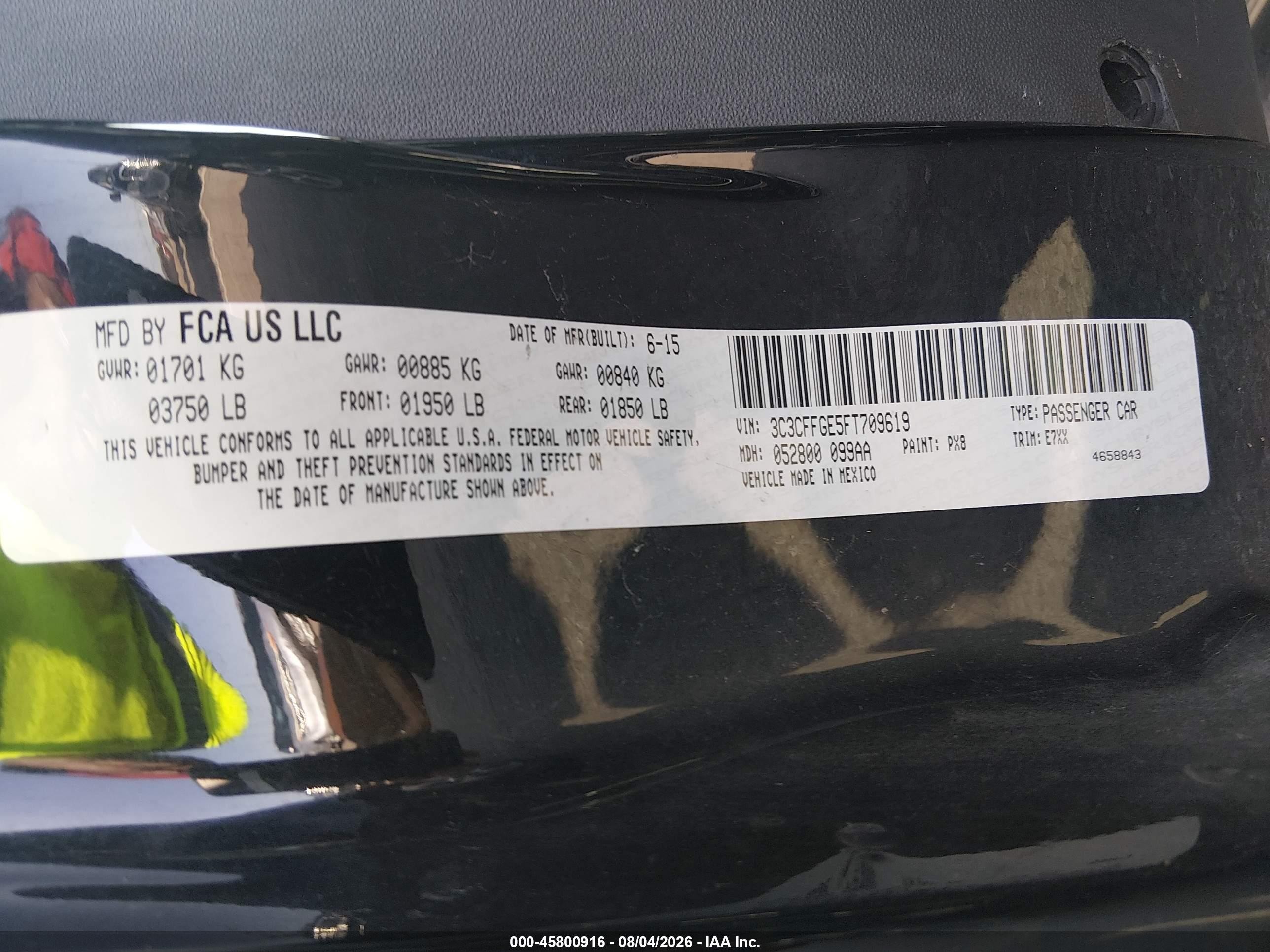 2015 Fiat 500e Battery Electric Black vin: 3C3CFFGE5FT709619