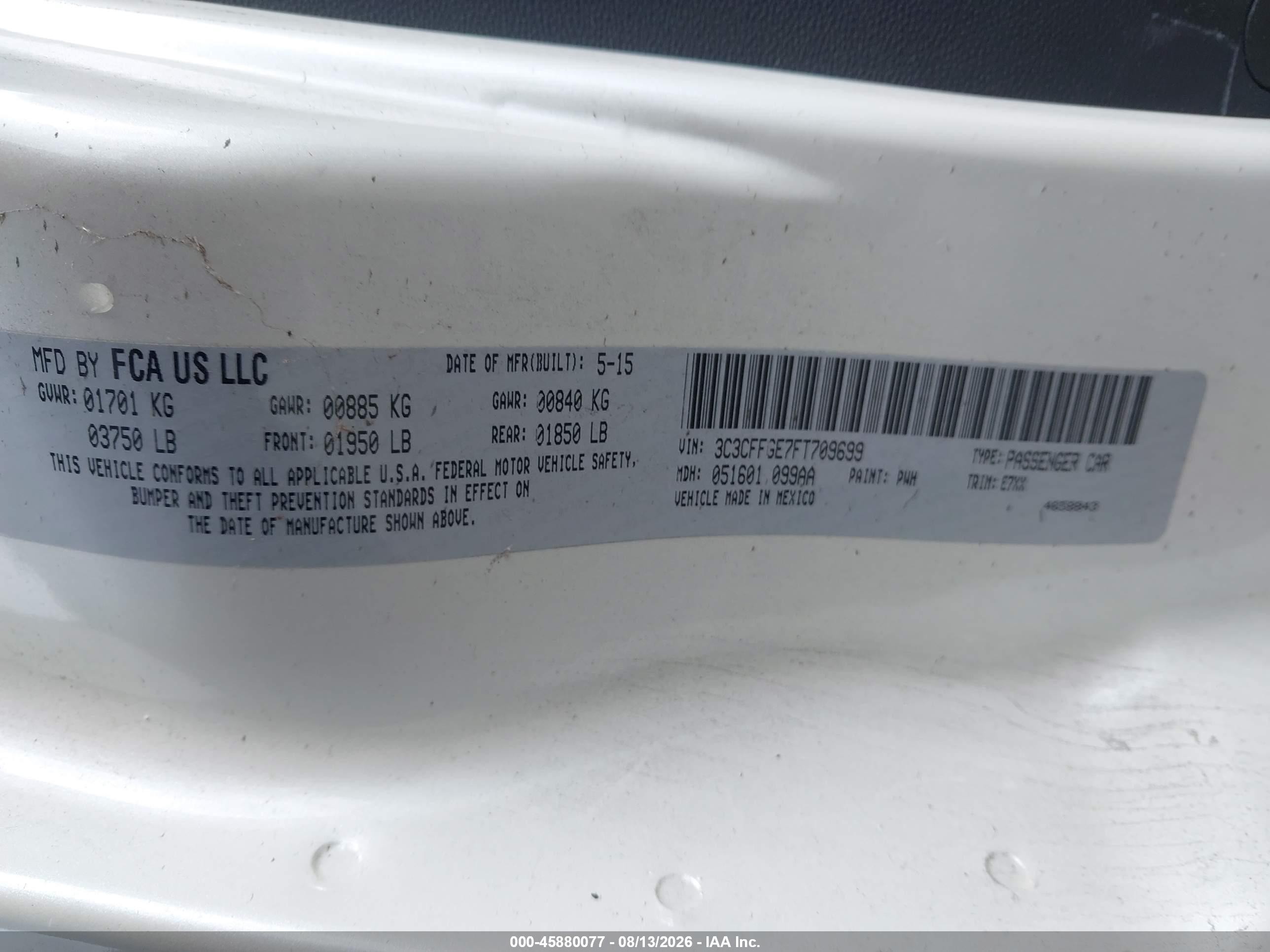 2015 Fiat 500e Battery Electric White vin: 3C3CFFGE7FT709699