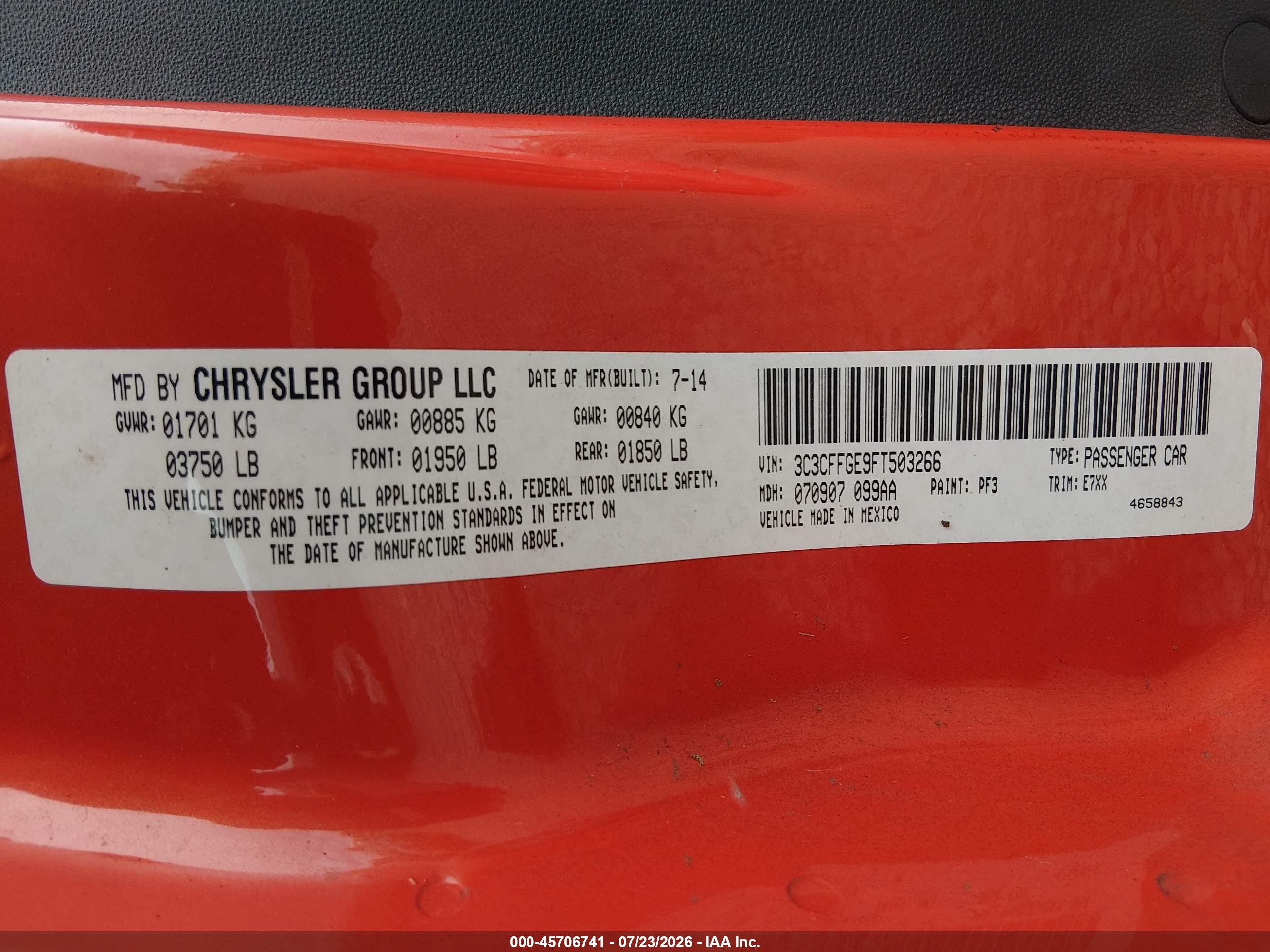 2015 Fiat 500e Battery Electric Orange vin: 3C3CFFGE9FT503266