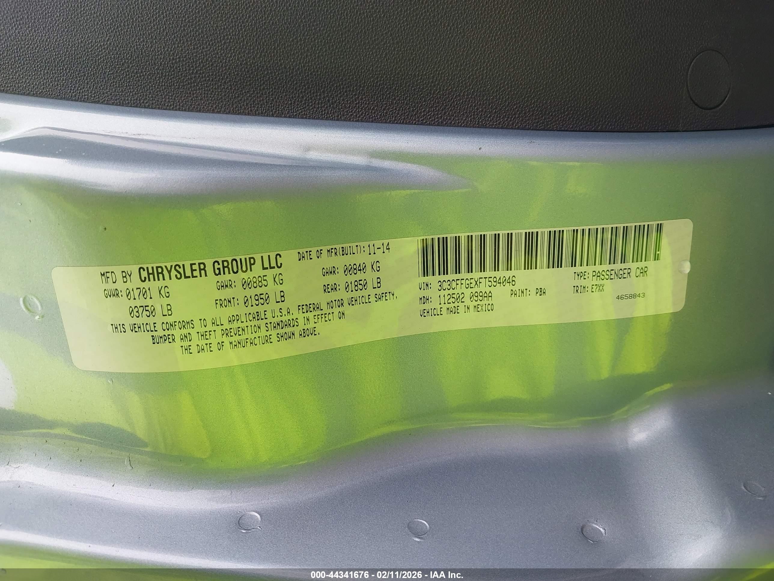 2015 Fiat 500e Battery Electric Light Blue vin: 3C3CFFGEXFT594046